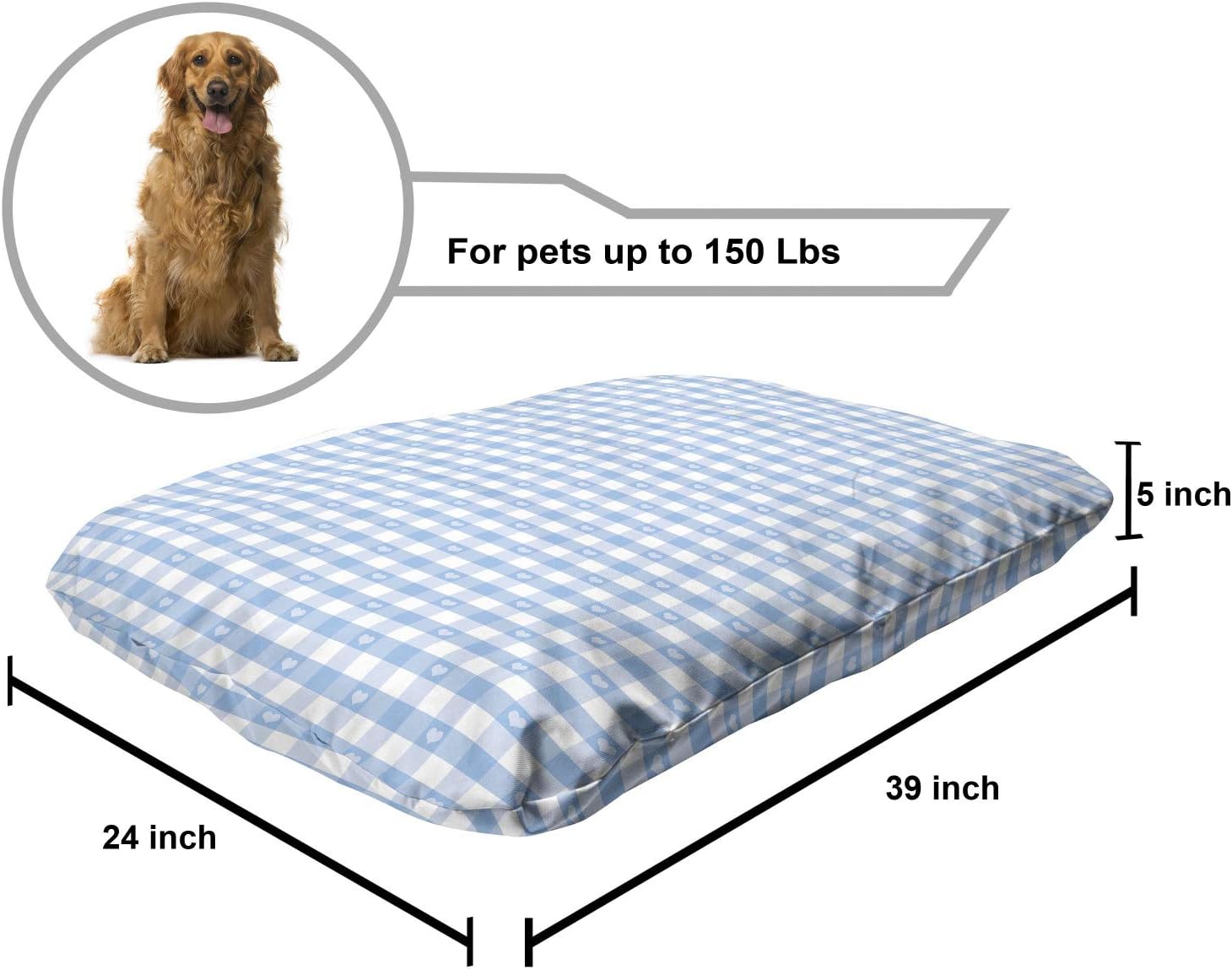 review Ambesonne Checkered Pet Bed, Gingham Motif with Little Hearts Pastel Blue Shower Theme, Chew Resistant Pad for Dogs and Cats Cushion with Removable Cover, 24