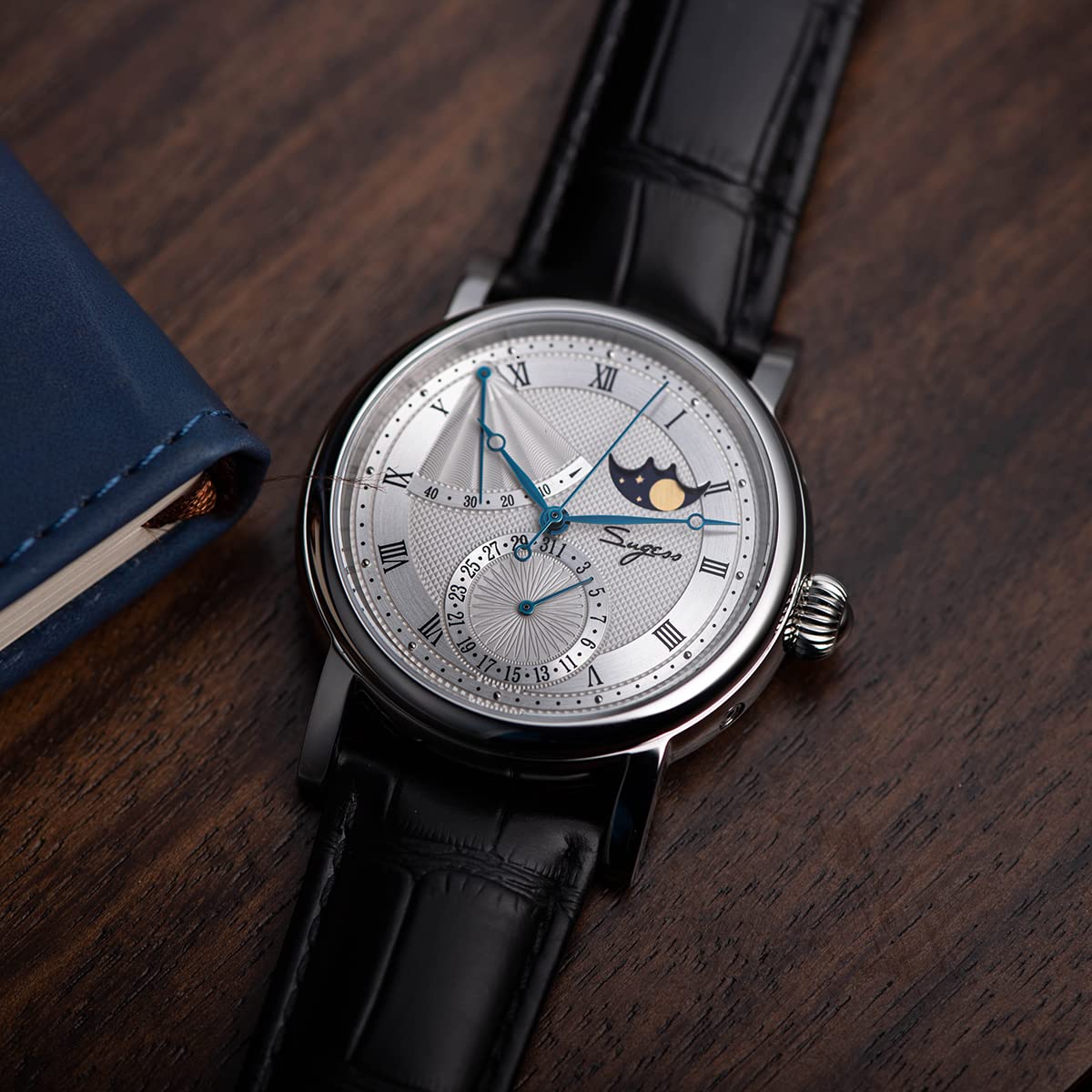 SUGESS Seagull ST2153 - Display automatico in zaffiro con fasi lunari Hi Beat 1963 BNIB, bianco, Cinturino