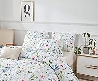 Vista 9 de UOZZI BEDDING - Juego de colcha reversible de 3 piezas tamaño King, color blanco con hojas azules y verdes y flores rojas, suave, de microfibra