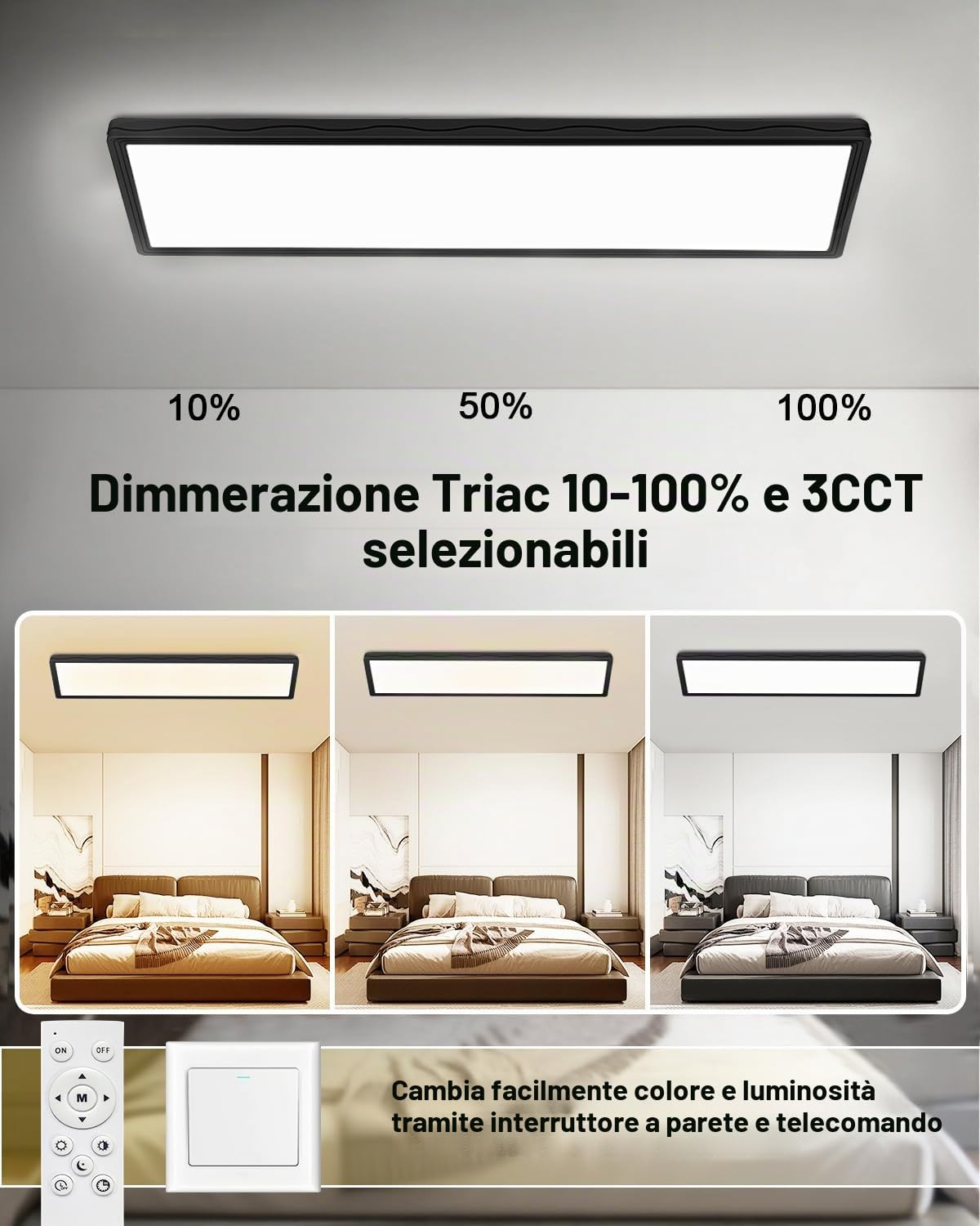 Bowfar Plafoniera LED Rettangolare con Telecomando, Dimmerabile 3000K-6500K, Pannello LED Ultra Piatto 24W con Retroilluminazione per Soggiorno, Camera da Letto, Ufficio, Bagno, 58x20x2,5cm, Nero