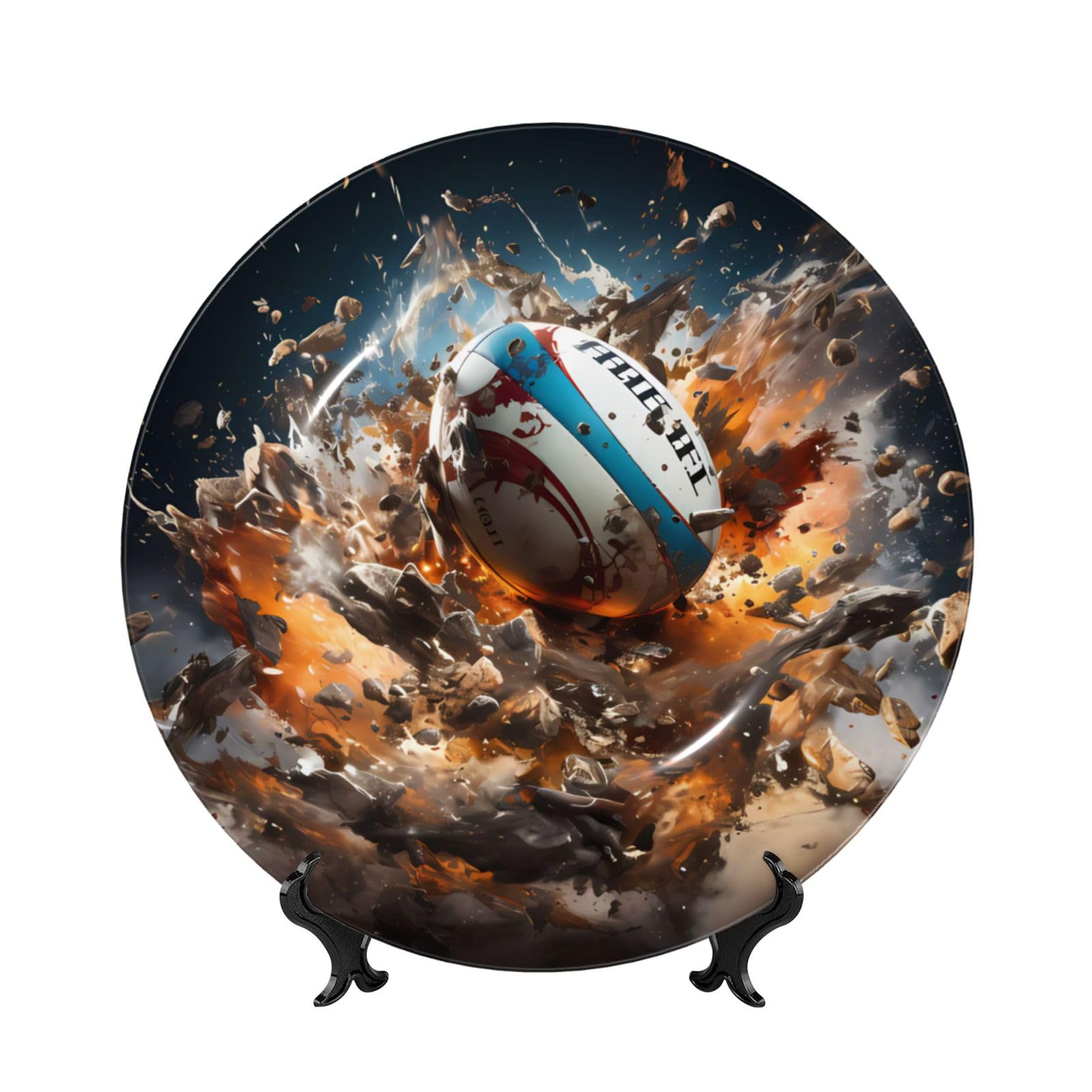 SXZVVBN Rugby on Fire Bone China Decorative Plate Art with Stand Removable Adhesive Hanging for Home Office 6in（15cm）