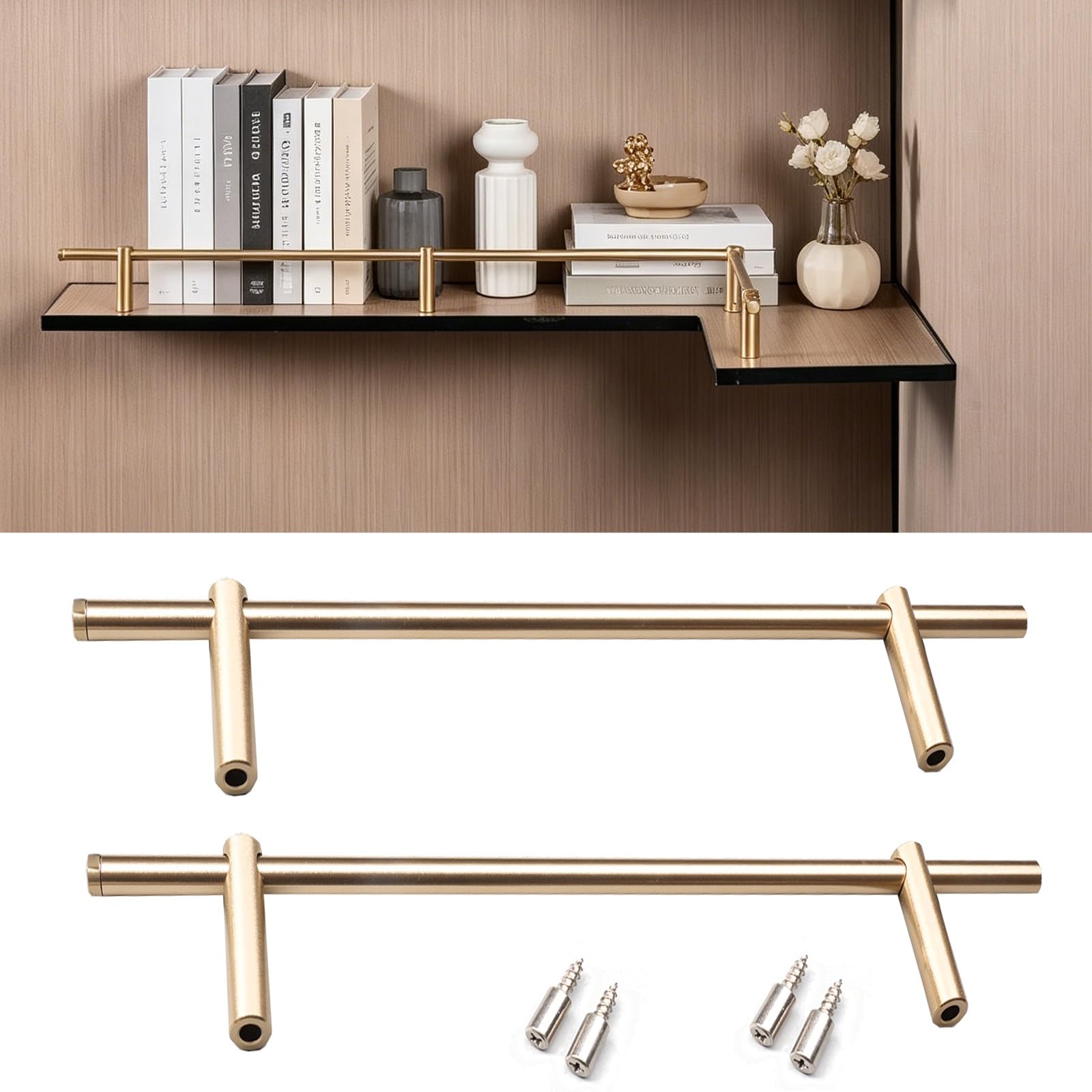 Errulan Gold Anti-Fall Cabinet Metal Guardrail Bars, Gallery Rails For Shelves Kit, Aluminum Round Tube Barrier Decorative Rod Guard Fence For Kitchen Bathroom(,36Cm/14.2In)
