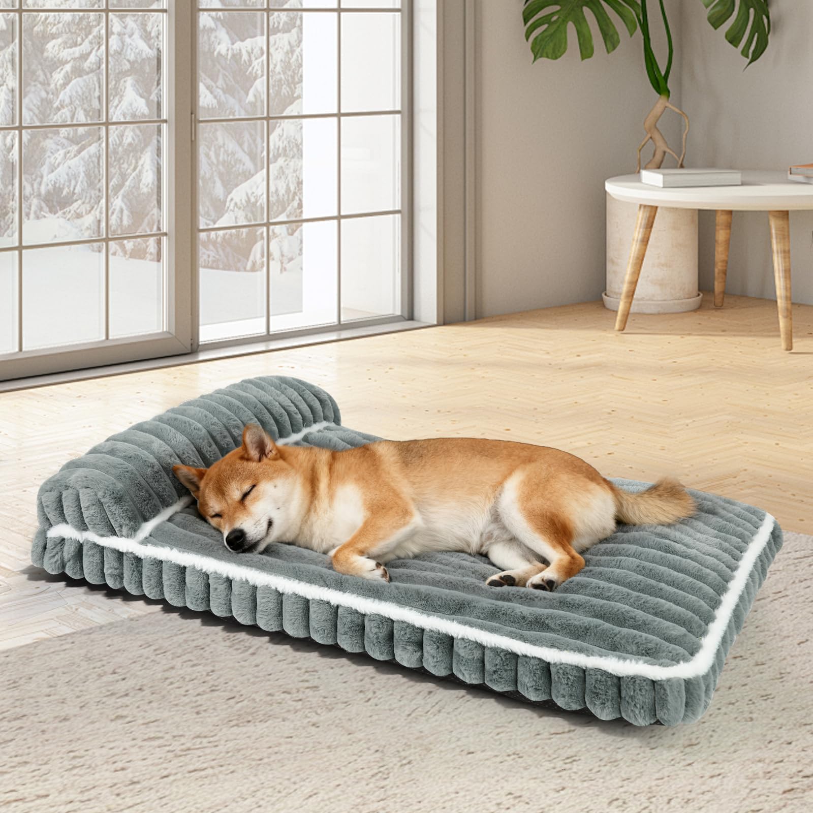 Comfort Dog Beds for Medium Size Dogs, Dog Bed with Removable Washable Cover, Deluxe Plush Dogs Bed for Crate with Pillow, Anti-Slip Pet Mat Mattress for Kennel with Durable Zipper(Grey, M)