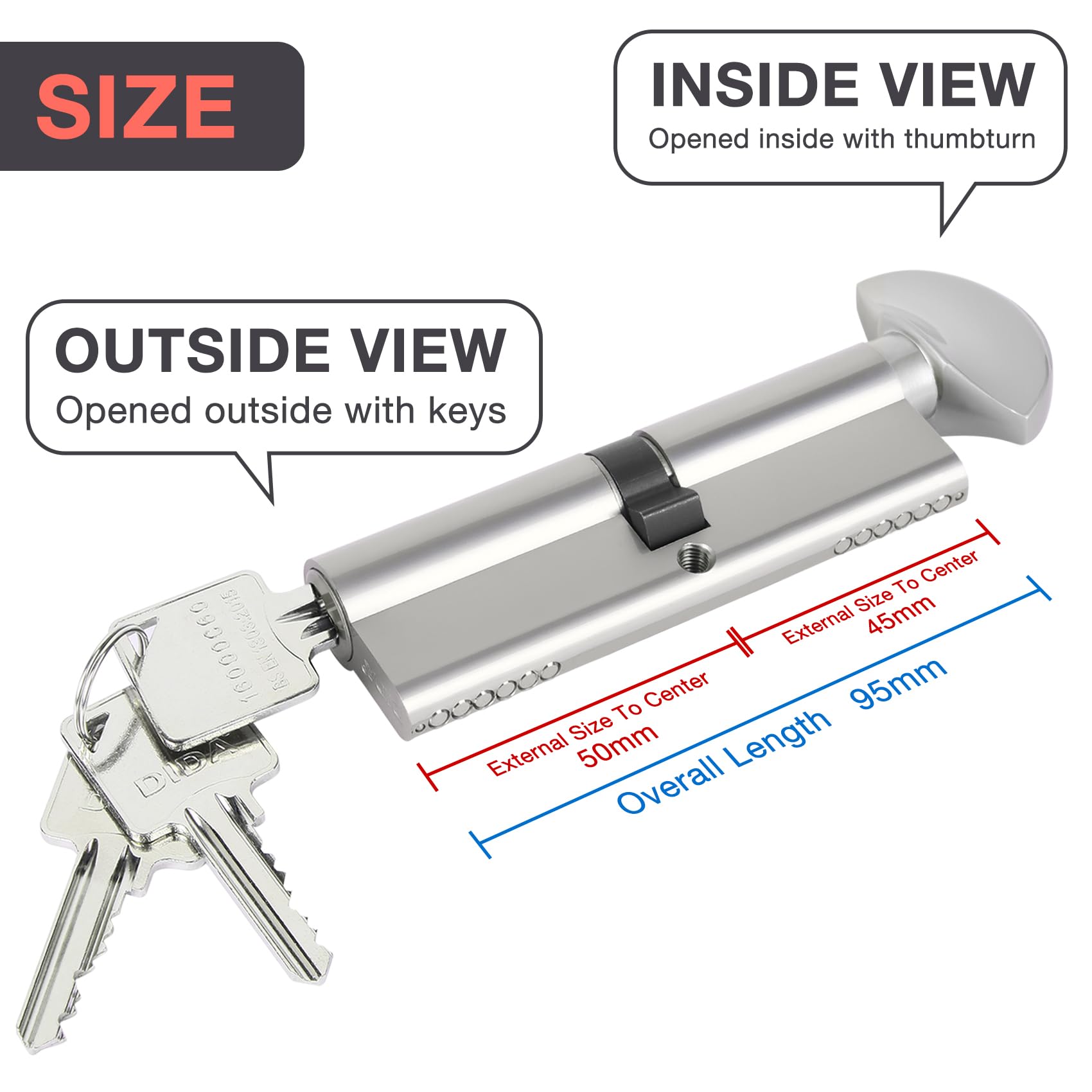 DIDA® 95mm(45T/50) Thumb Turn Euro Cylinder Lock,UPVC Barrel Lock with 3 Keys Anti-Pick,Anti-Bump,Anti-Drill,High Security,Nickel Finish,Suitable for All Door Types,BS EN 1303:2005 - Image 2