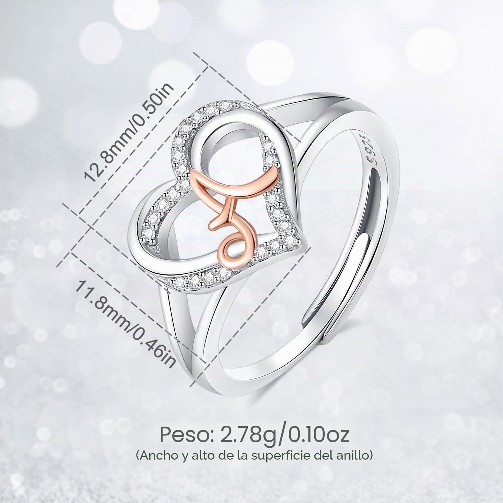 INFUSEU Anillo Iniciales, Plata de Ley 925 Anillos Abiertos Letras Forma Corazón Nombre Inicial Alfabeto A-Z Joyería Personalizada Ajustable Regalos para Mujeres Damas Niñas