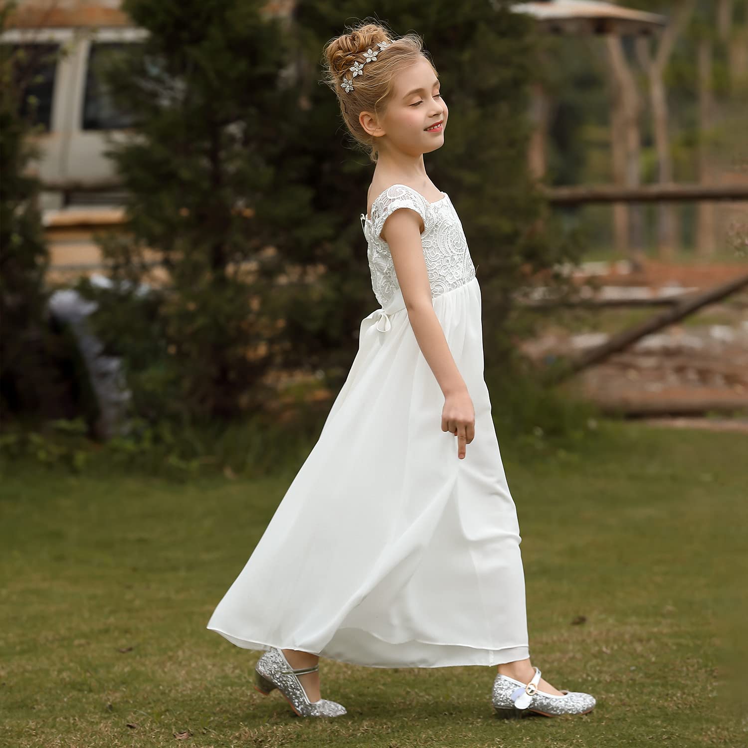 PLWEDDING Chiffon A-line abito da ragazza floreale prima comunione abiti per bambini compleanno matrimonio abiti da festa