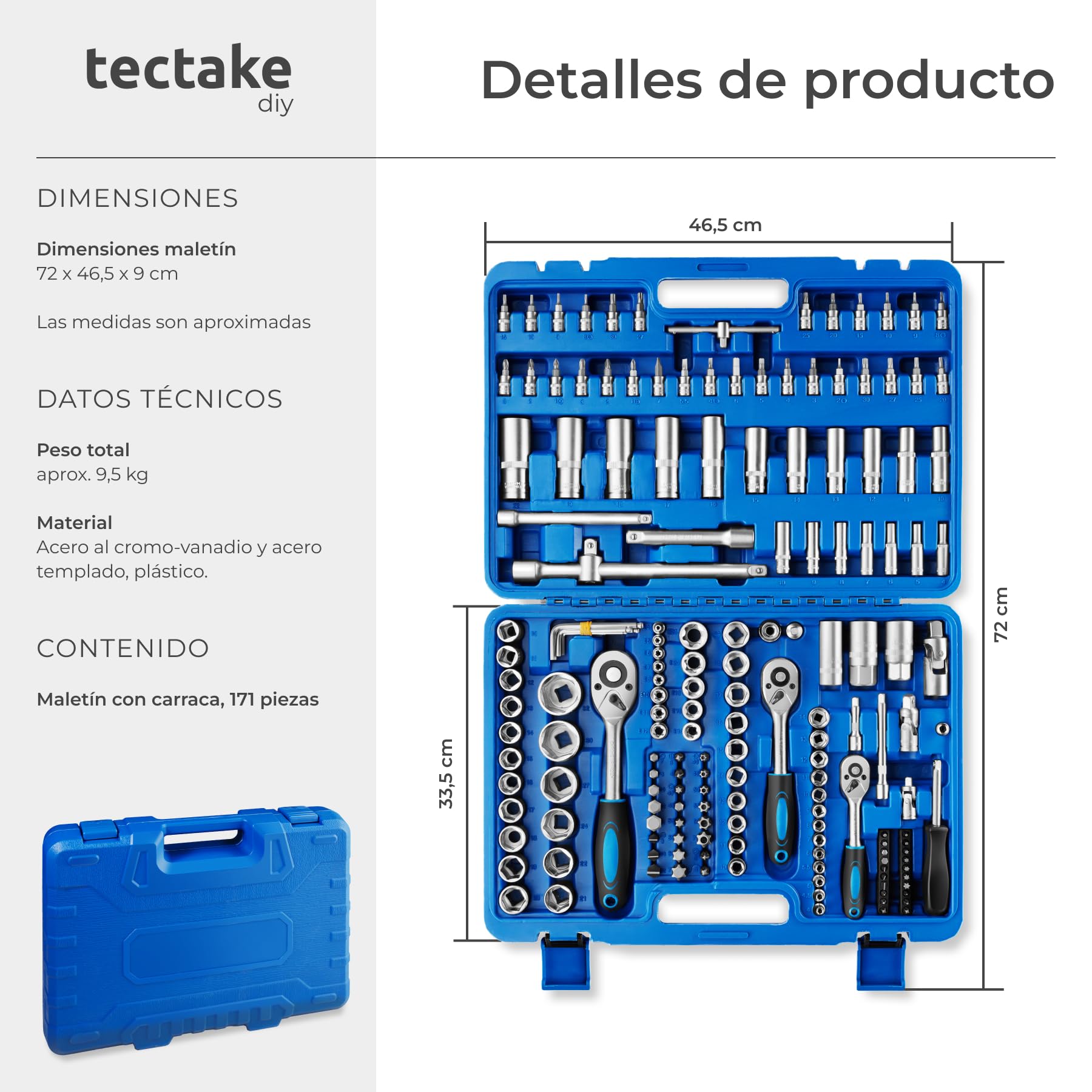 tectake® Maletin Profesional, Juego de Llaves de Tubo, Llaves Torx, Caja herramientas, Kit de Bricolaje, Maletín Herramientas, Acero Cromo Vanadio - 171 piezas Azul