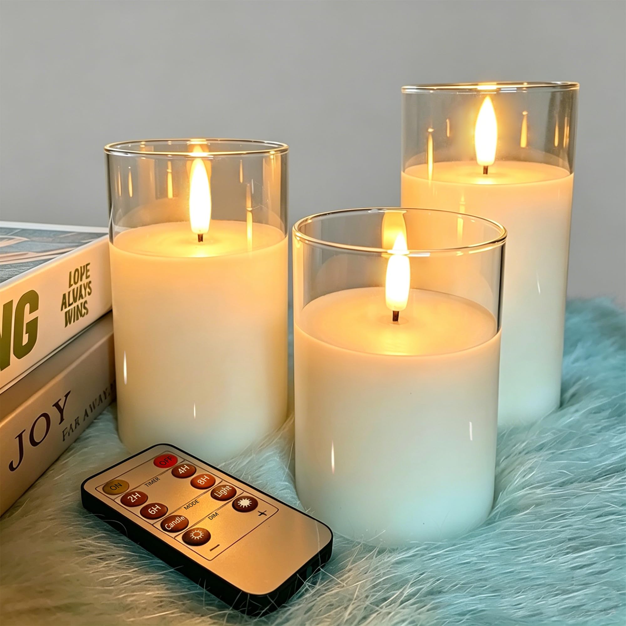 VIEWELLD Clear Glass Flameless Candles with Remote Timer, Battery Operated Candles, Flickering LED Pillar Candles Set of 3