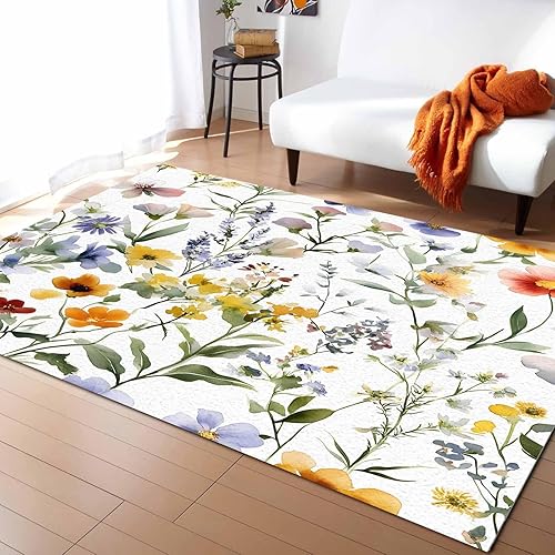 Botanical Flower Area Rugs 3x5 for Bedroom Living Room, Non-Slip Throw Rug for Entryway Bathroom, Watercolor Retro Spring Farm Leaf Indoor Floor