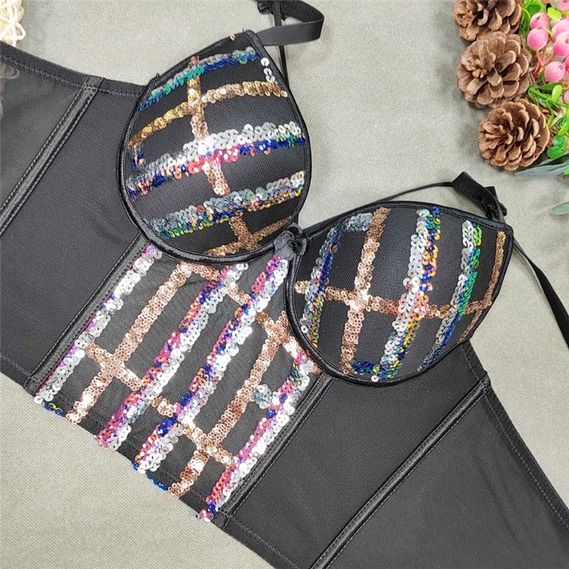 Reggiseno sexy da donna con cuciture in acciaio con ricamo in pizzo e paillettes top sottile per le donne, D, 5C