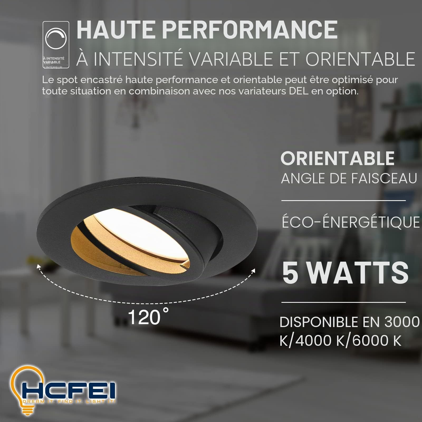 HCFEI Lot de 10 Spot Encastrable Complete Orientable Noir avec Dimmable Ampoule GU10 Module 5W 230V eq. 50W Lumiere Blanc Chaud 3000K