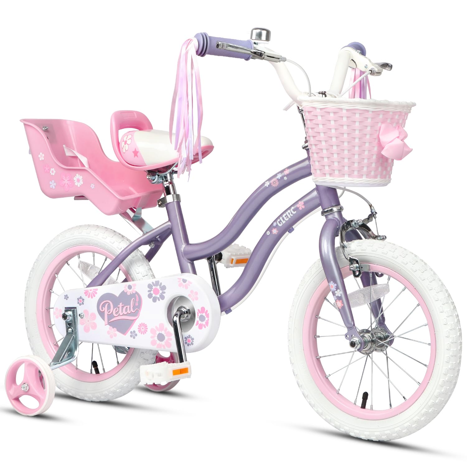 Glerc Petals 12 14 16 Zoll Kinderfahrrad Prinzessinnen-Stil für 2-8 Jahre alte Mädchen, mit Lenkerquasten & Korb & Stützrädern,Rosa/Blau/Lila/Pfirsichfarben