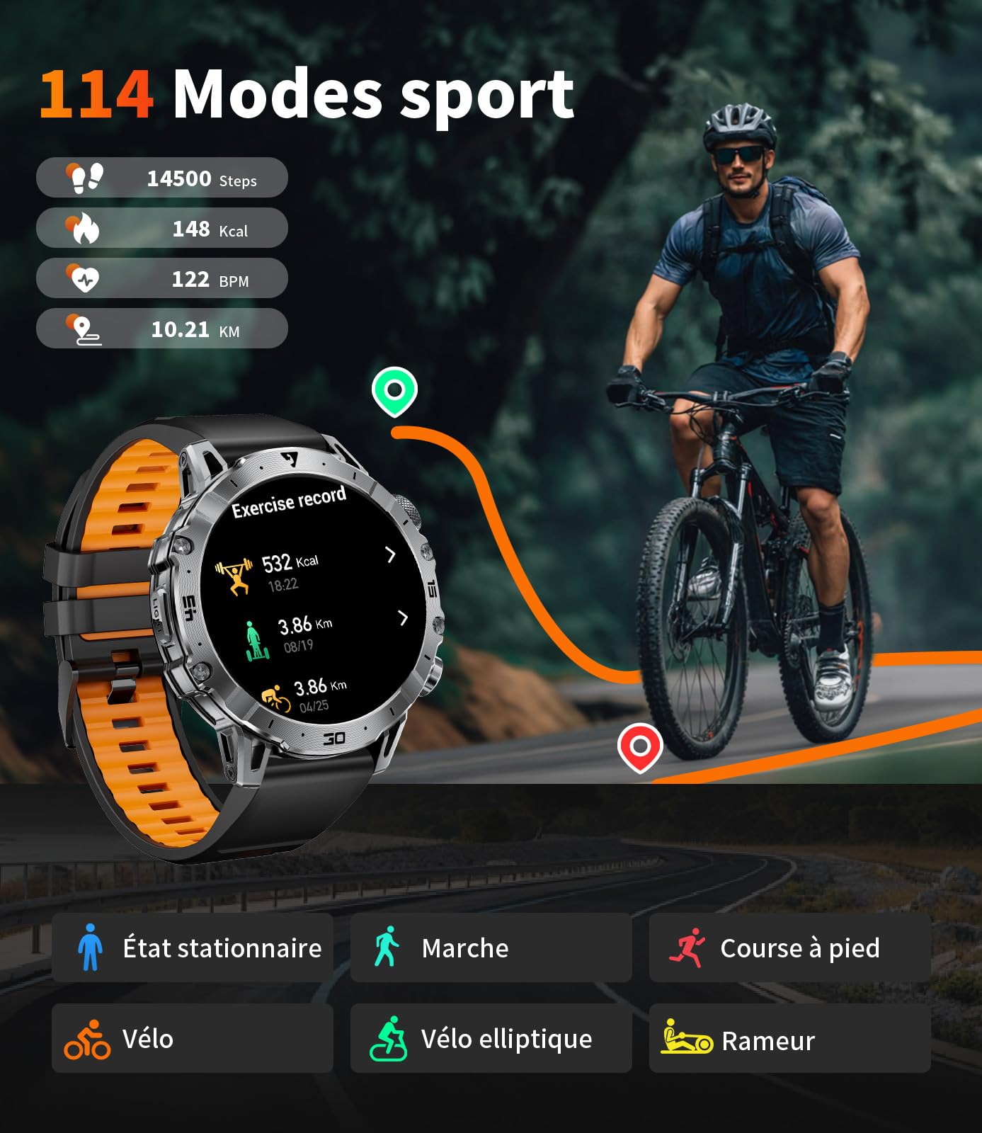 Montre Connectée Homme Militaire, 1.7'' Smartwatch avec 1000mAh, 3 Bracelets + 2 Chargeurs, Appel Bluetooth, LED Lampe, 110+ Modes Sportifs/IP68, Surveillance Cardiaque/Sommeil, Android/iOS EF18-A