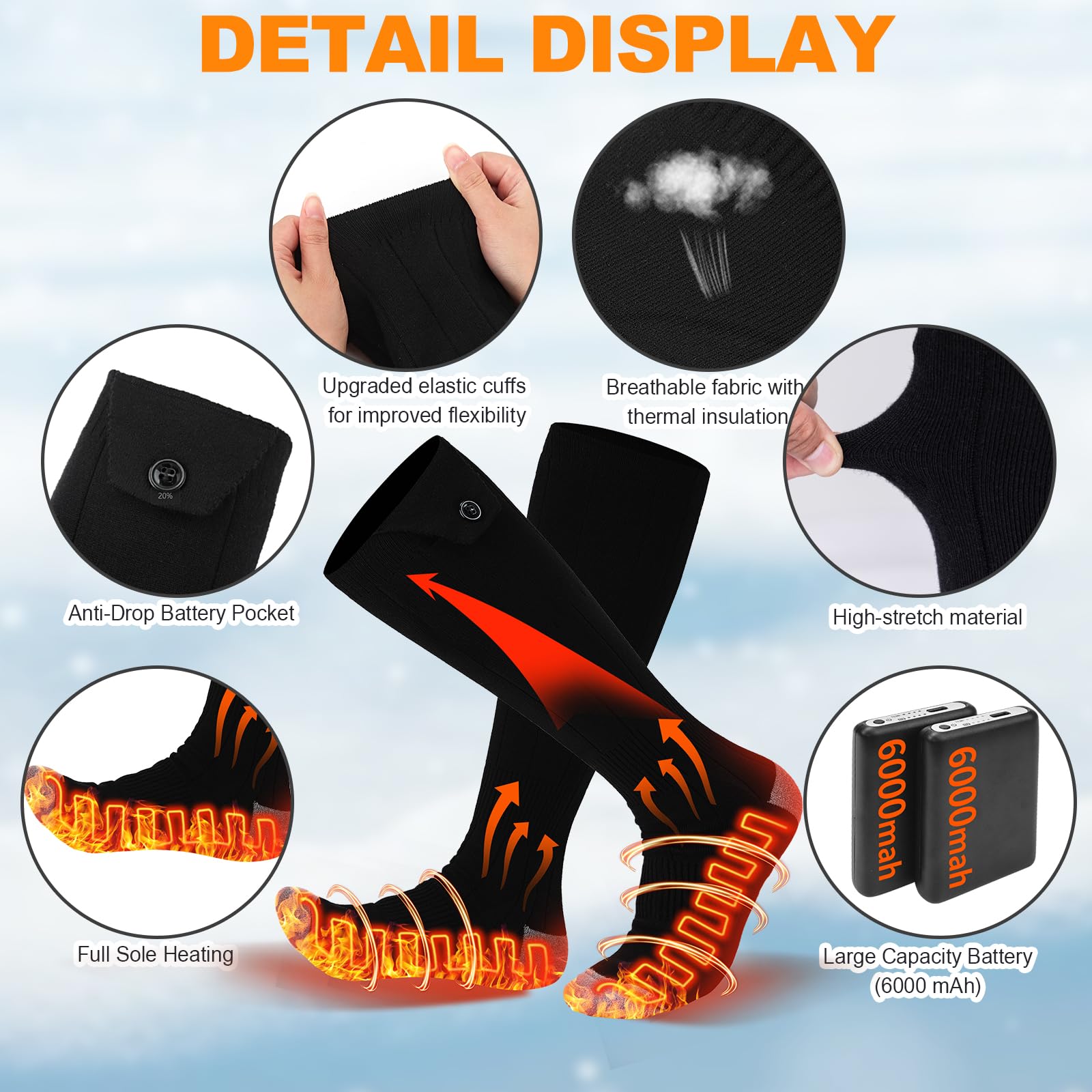Beheizbare Socken Damen Herren Wiederaufladbare Heizsocken mit 5000mAh Akku 4 Heizstufen, Beheizte Socken Warme Socken Fusswärmer(Schwarz)