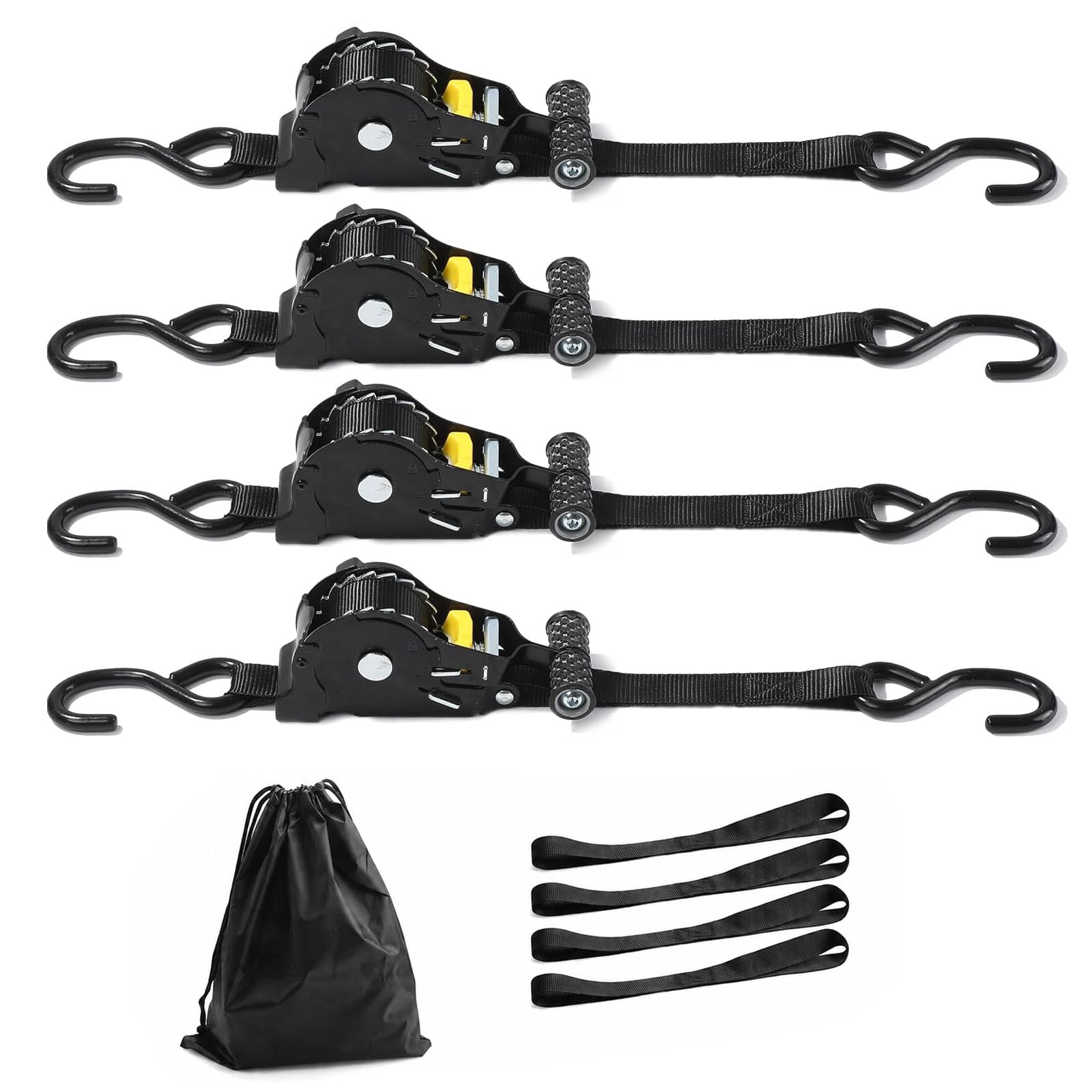 Confezione da 4 cinghie di ancoraggio automatiche, 2,5 cm x 3,3 m, con gancio a S, auto-avvolgente, carico di rottura 680 kg, cinghie di ancoraggio pesanti per auto, moto, furgoni, camion