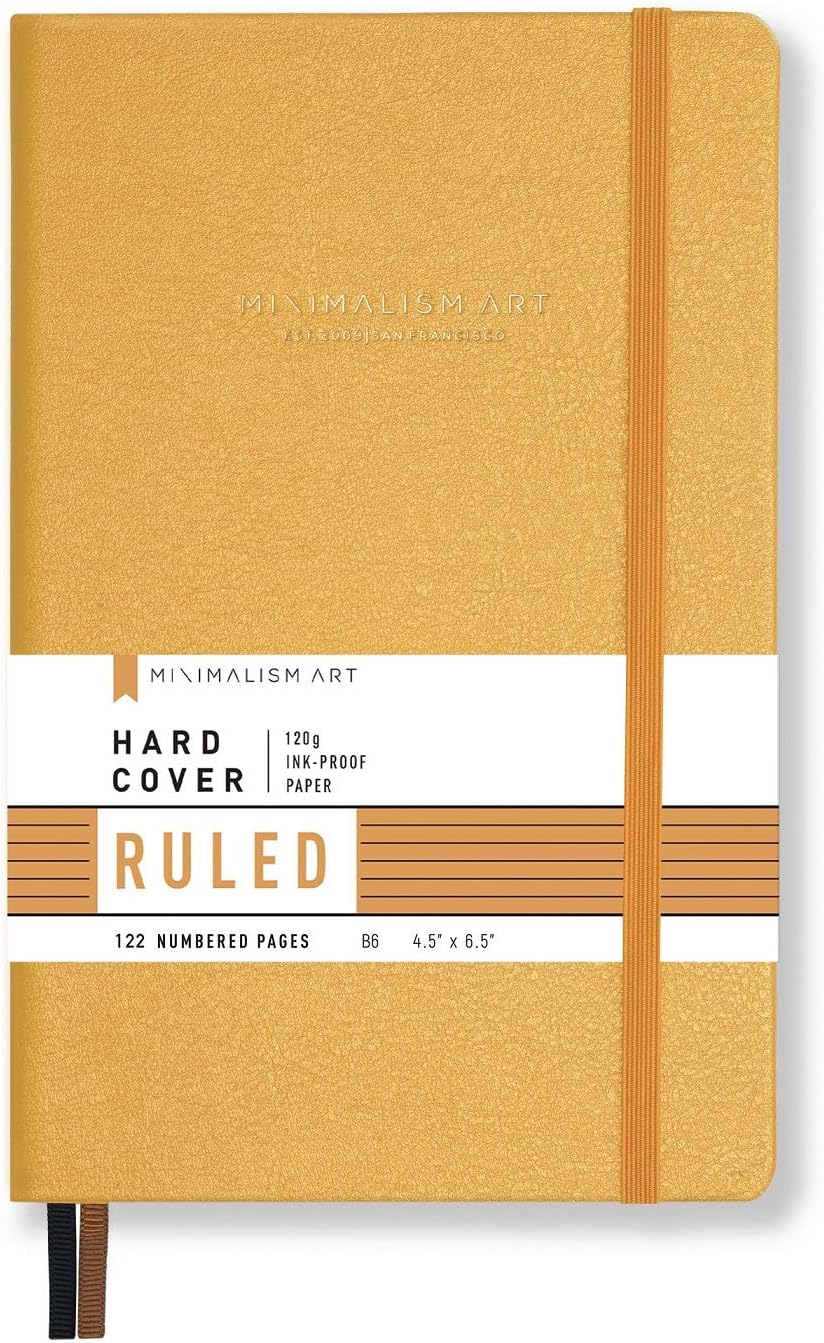Minimalism Art, Premium Hard Cover Notebook Journal, X-Small Pocket Size B6 4.5" x 6.5", 122 Numbered Pages, Gusseted Pocket, Ribbon Bookmark, Extra Thick Ink-Proof Paper 120gsm (Wide Ruled, Amber)