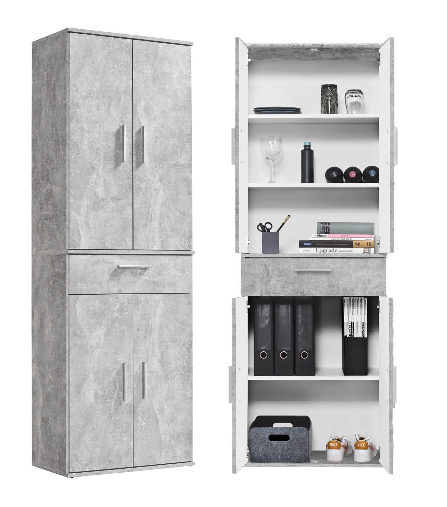 mokebo Mehrzweckschrank Büroschrank 'Der Praktische' (60x180 cm) aus Holz, mit Schublade, Aktenschrank, auch als Schuhschrank, Flurschrank oder Aufbewahrungsschrank in Grauer Betonoptik
