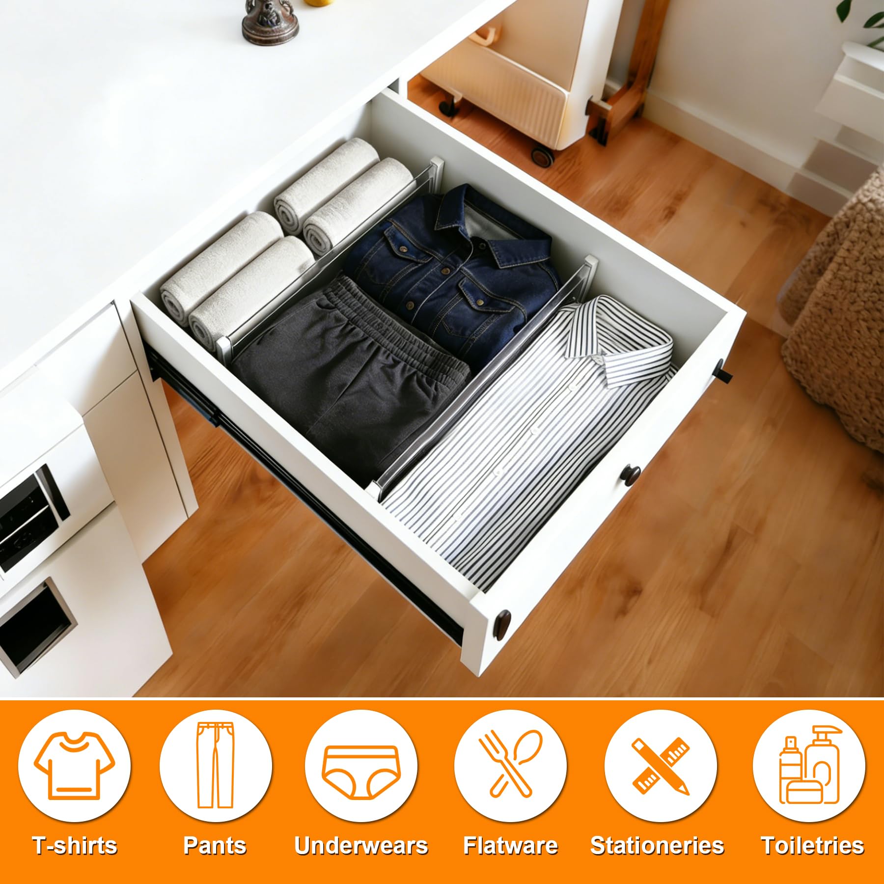 8 Pezzi Divisori per Cassetti Regolabili, Organizer Cassetti, Cassetti in Trasparente Separatori, Divisori per Cassetti in Plastica per Comò, Armadio, Bagno, Cucina, Ufficio