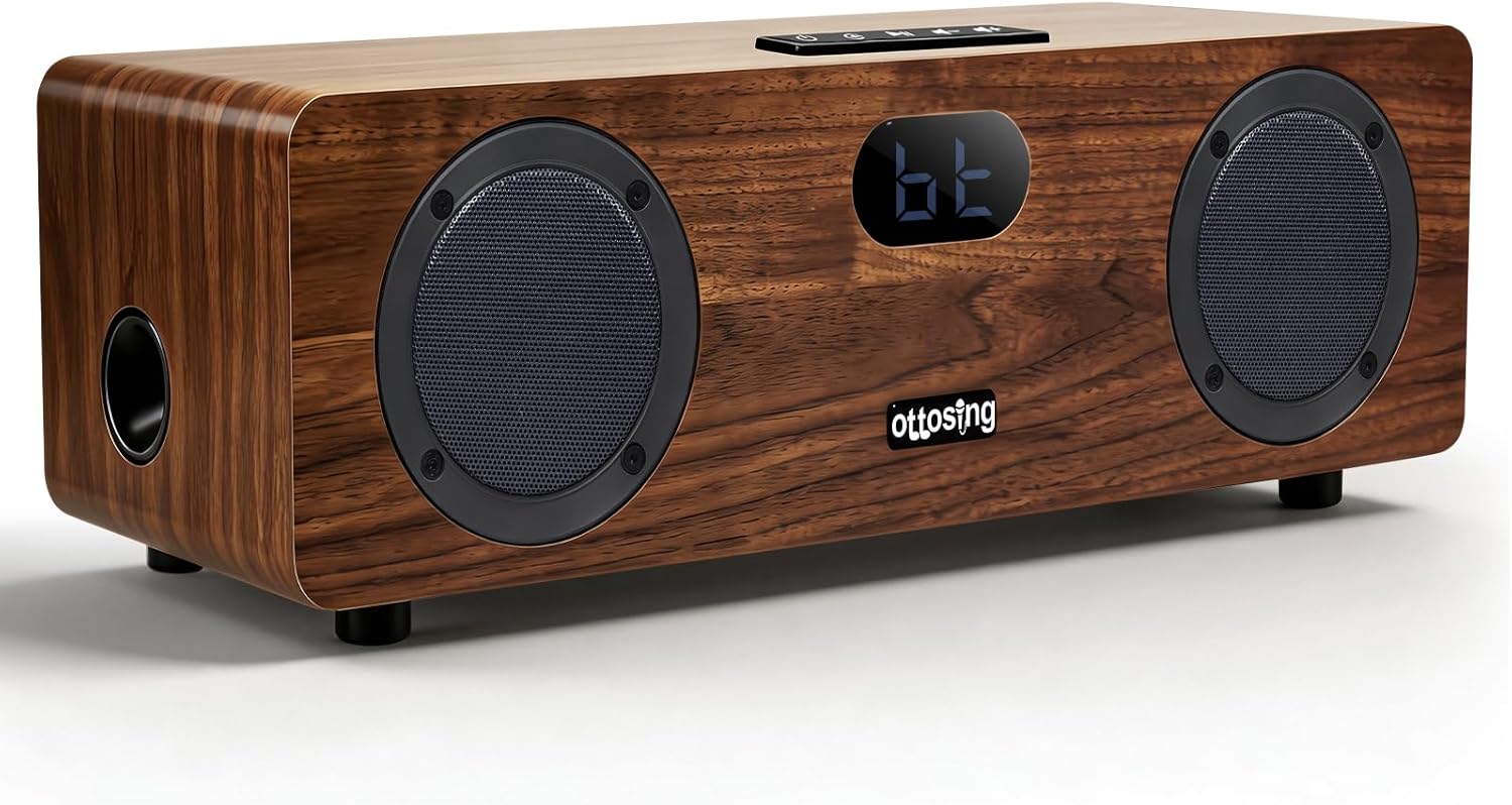 2.1 Channel Bluetooth 5.0 Speaker, Dual 15W Powerful Sound + 30W Subwoofer, Optical/Coaxial/HDMI ARC/AUX/USB, DSP Tuning Wooden Audio System for TV/Party/Karaoke