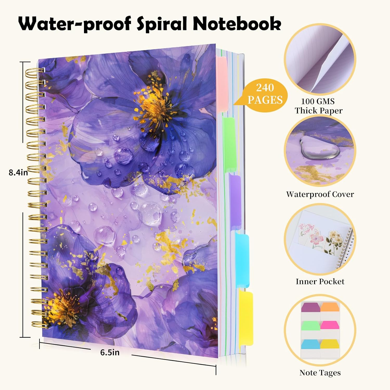 5 Subject Notebook College Ruled, A5 Spiral Notebook with Removable Pocket Dividers Tabs, Lined Organizer Notebook Journal for Women, 240 Pages Notebooks for Work School Note Taking, Purple Floral image 2