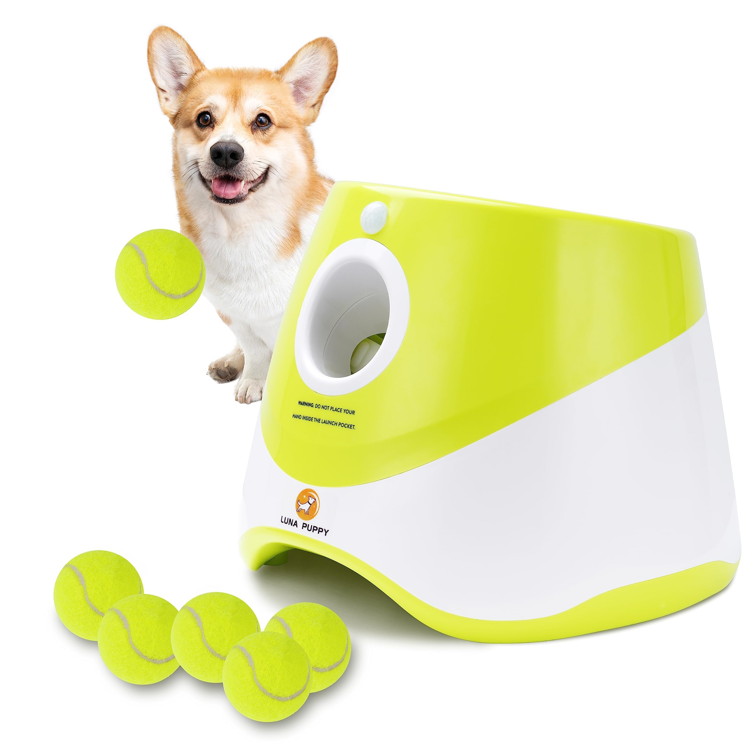 Elevon Automatic Dog Ball Launcher, Indoor/Outdoor Interactive Dog Toy with Three Ranges, Includes 6 Mini Tennis Balls and a Data Line, Suitable for Small and Medium-Sized Dogs, Green