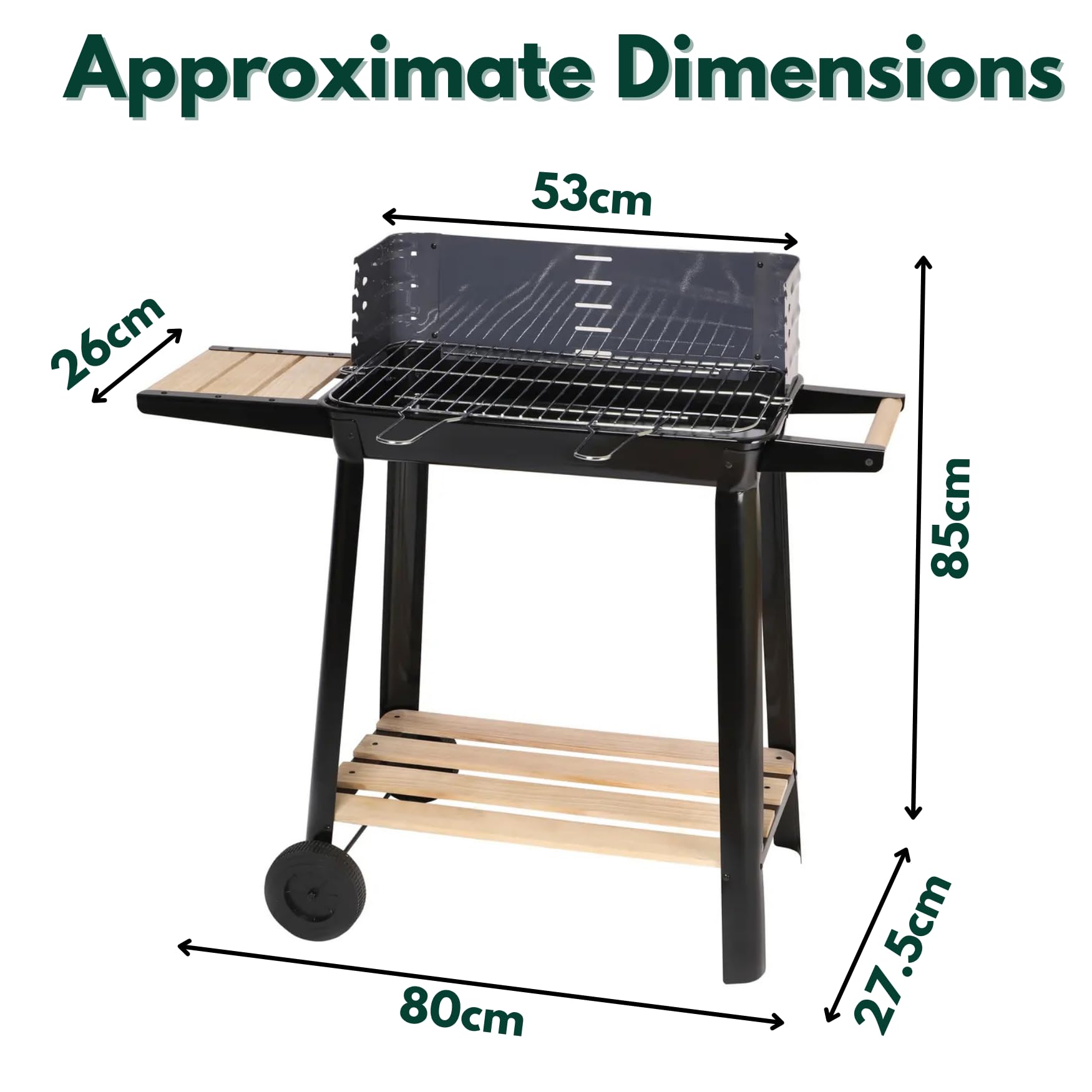 Garden Mile Parrilla de carbón con ruedas – Barbacoa de acero portátil grande con estantes de madera, altura ajustable, ahumador al aire libre para jardín, patio y cocina al aire libre