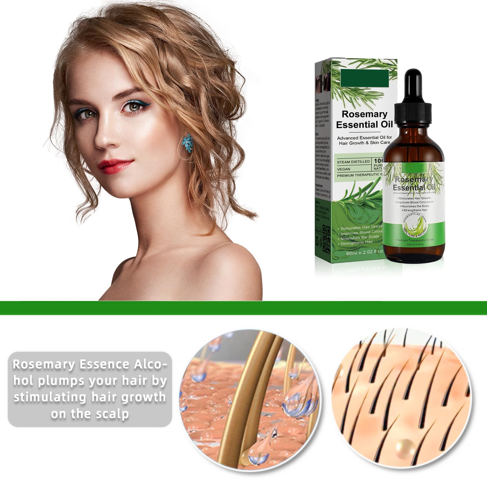 Aceite de Romero Para el Cabello, Aceite de Romero Para Mujeres y Hombres, Orgánic Rosemary Oil de La Piel, Cejas, Pestañas, Nutre el Cuero Cabelludo y Estimula el Crecimiento del Cabello (60ML) — view 4