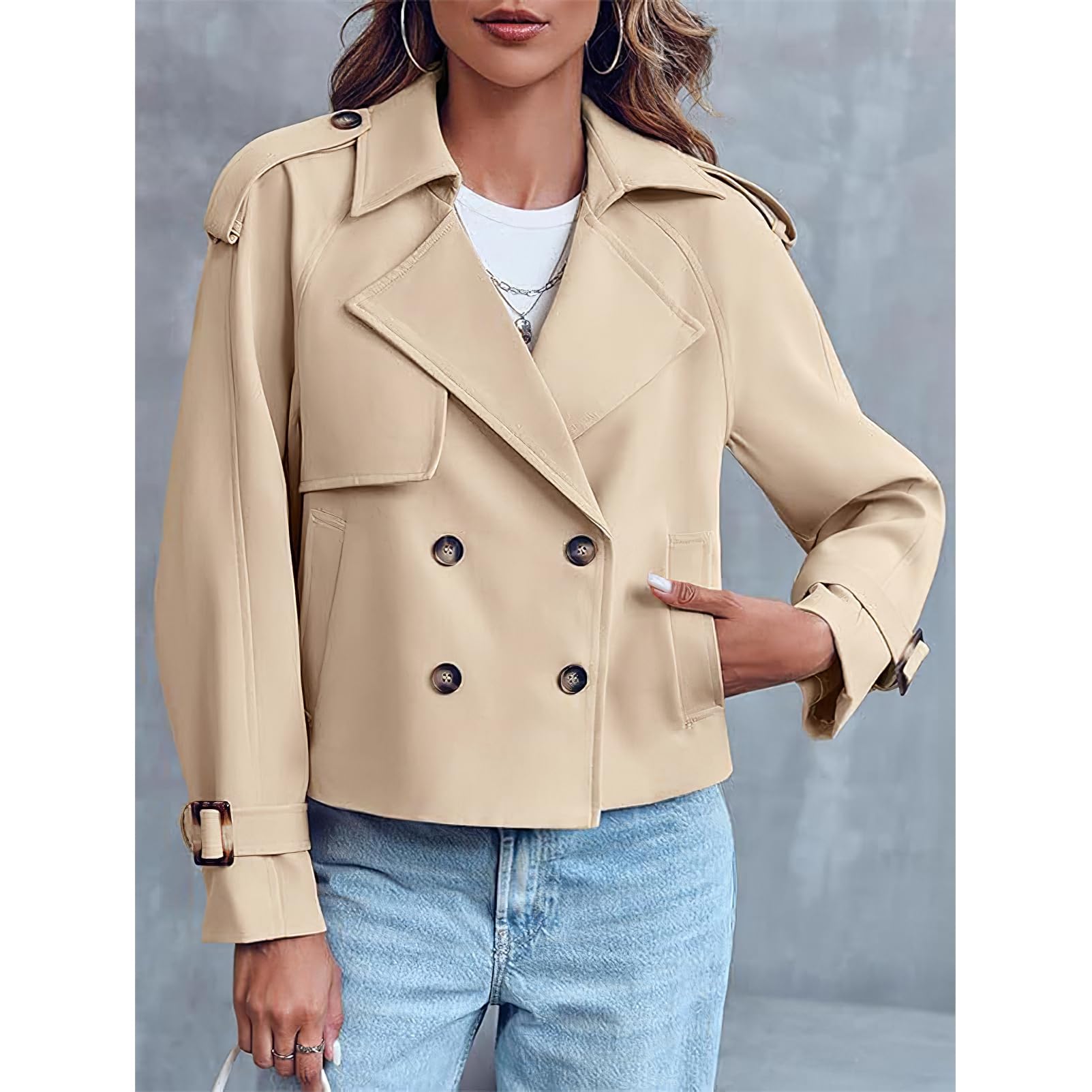 Momuk Gabardina Recortada para Mujer Manga Larga Casual Solapa Suelta Doble Botonadura Chaqueta Corta Outwear con Bolsillos