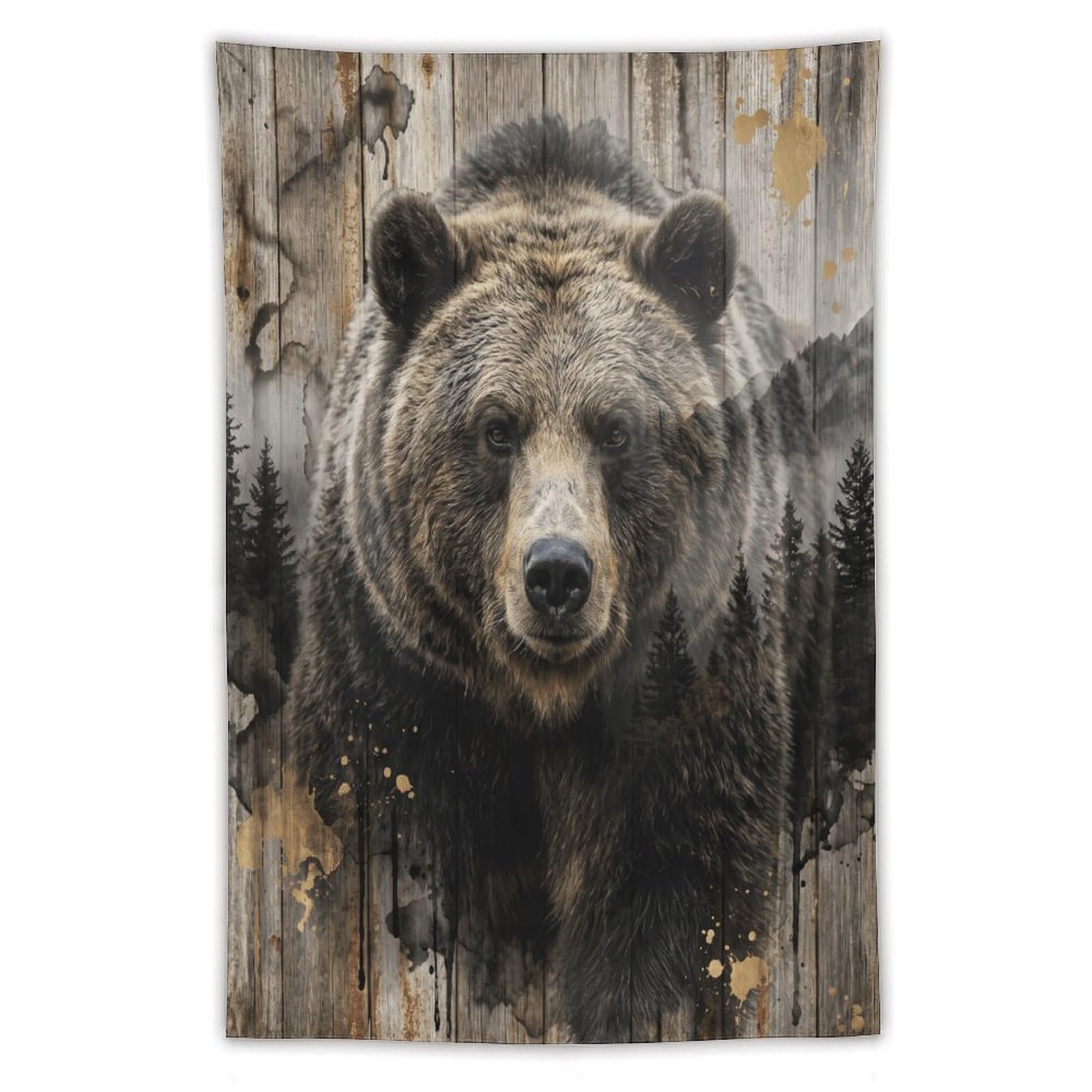 W7C8U2X3 Brown Bear Mountain Forest Wall Tapestry, Quiet Nature