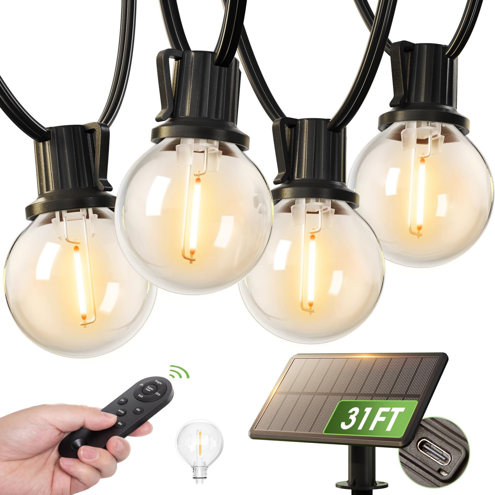 Photo 1 of addlon 31FT (25+6) Solar String Lights with Remote, 13 Shatterproof G40 Bulbs, Solar Powered & USB Charging Patio Lights, Dimmable Waterproof Solar Light Outdoor for Camping Porch Backyard Party Decor