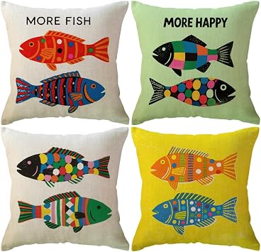 ULOVE LOVE YOURSELF Sea Theme Fish Pillow Covers Nautical Throw Pillowcases Beach Cushion Covers 18 X 18 Inch,4 PackSea-2