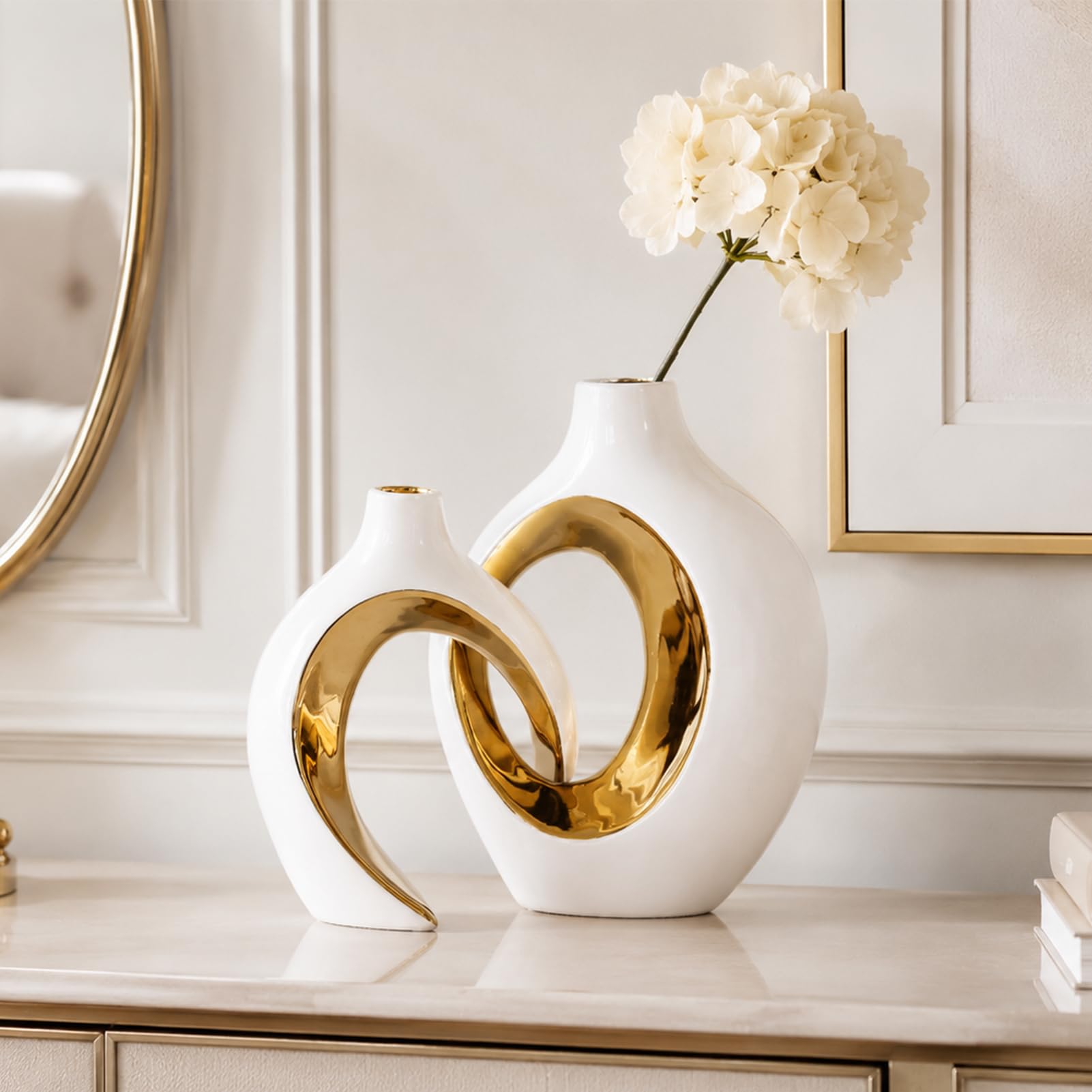 Vase céramique Lot de 2 Blanc et doré,Vase déco Moderne Maison Salon Table | Pour pampa et fleurs séchées, centre de table moderne, décoration mariage, fête et entrée