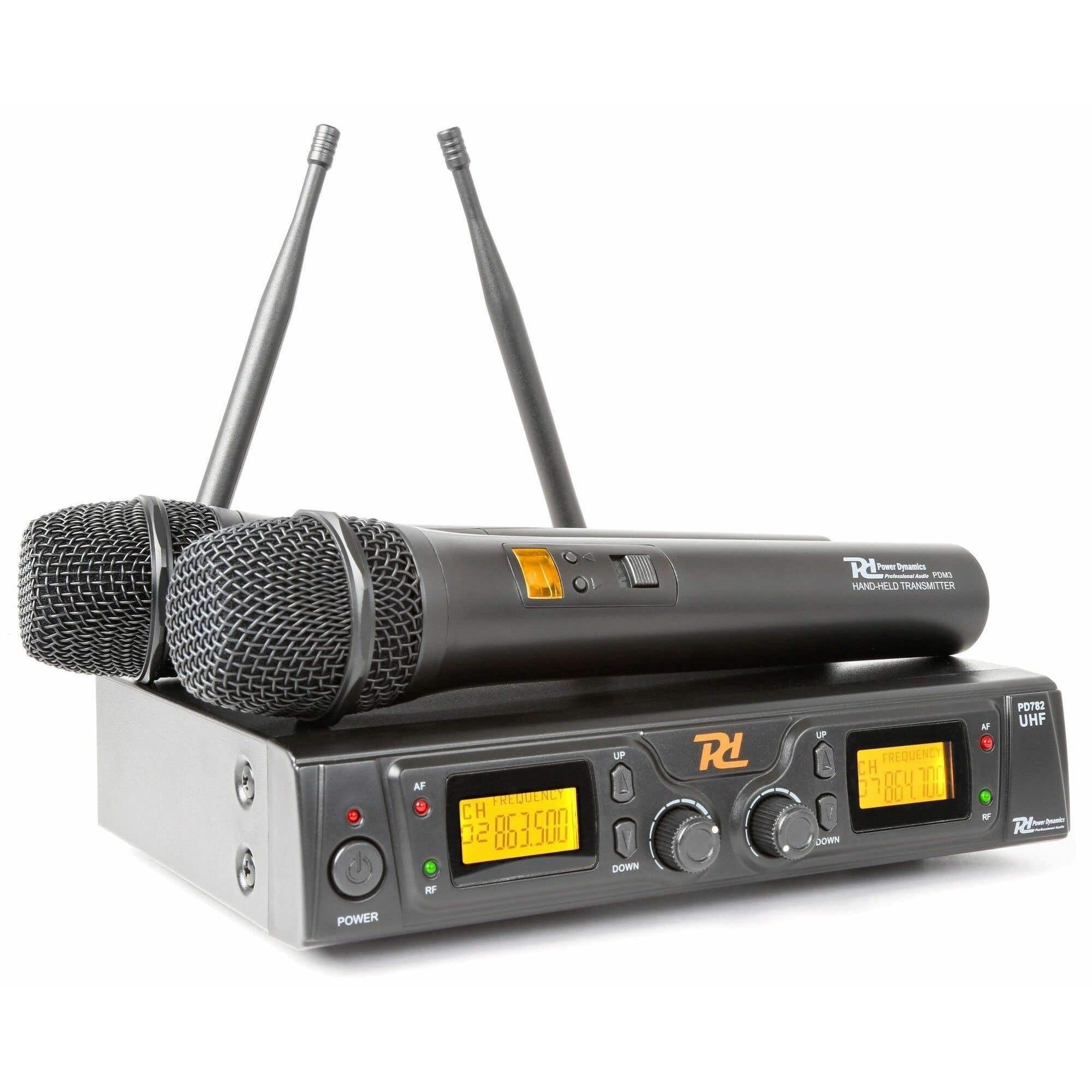 Power Dynamics PD782 - Système Micro sans Fil, UHF 2x 8 Canaux, Affichage LCD, Double Antenne à l'Arrière du Récepteur, Livré avec Valise Pratique et Robuste, Idéal Présentations et Chant