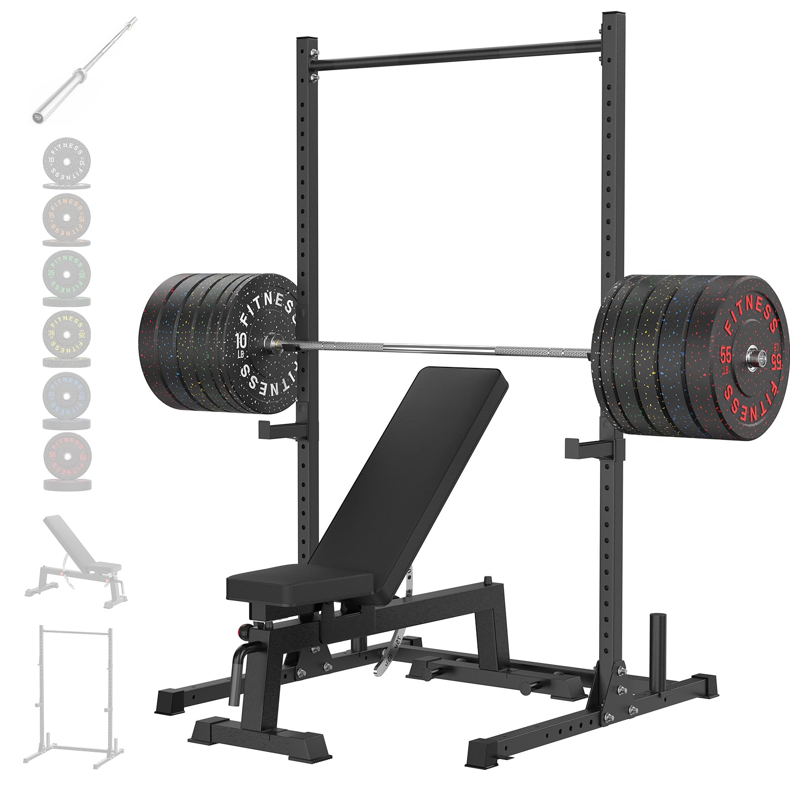 HANDBODE Squat Rack, 7ft Barbell, Weight Bench, Weight Plates Set 370 lb, Home Gym Equipment, Silver