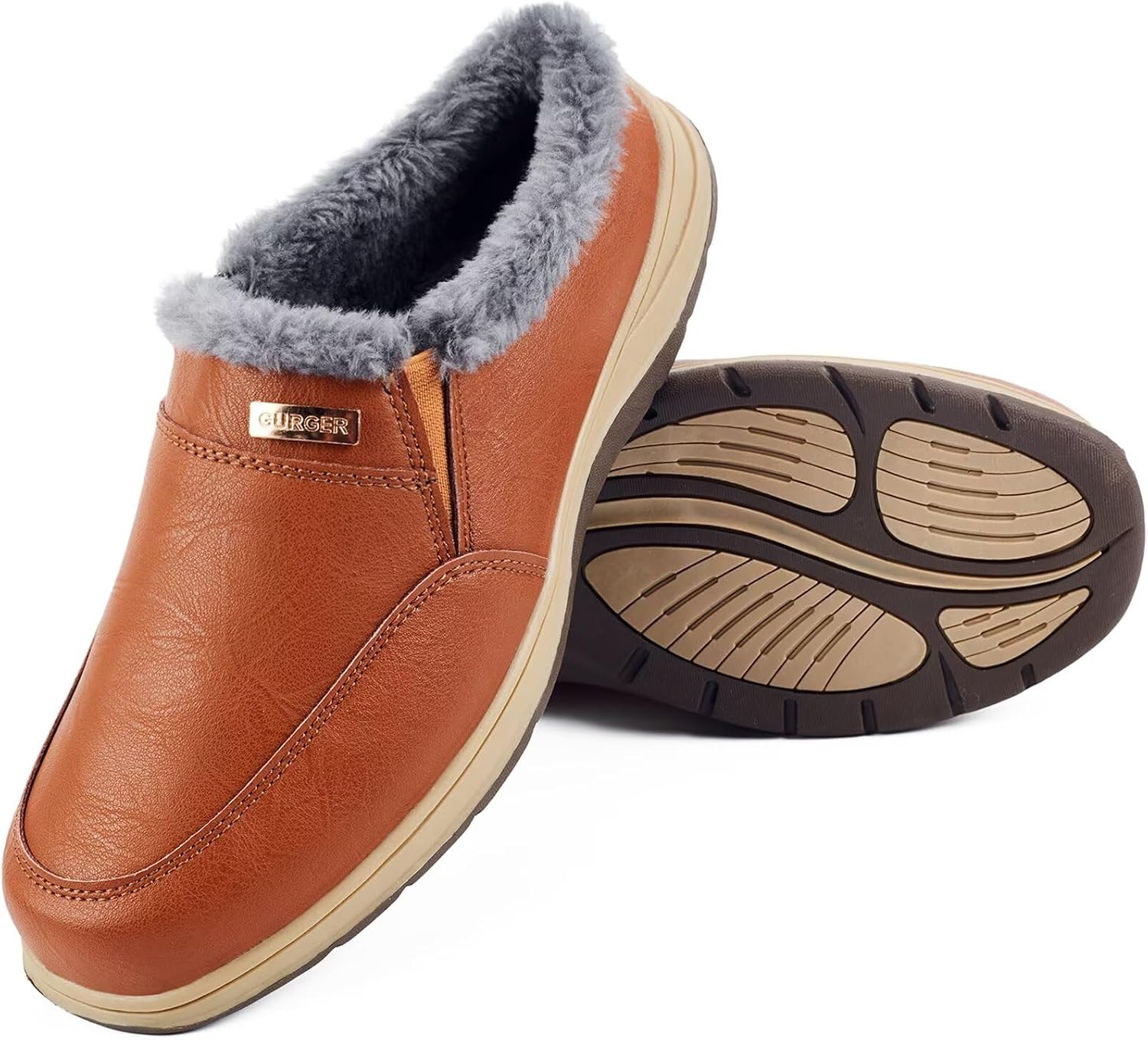 Mens Leather Slippers with Plush Lining, Slip On Mules & Clogs Winter Warm Indoor Outdoor House Shoes with Non-slip Rubber Sole