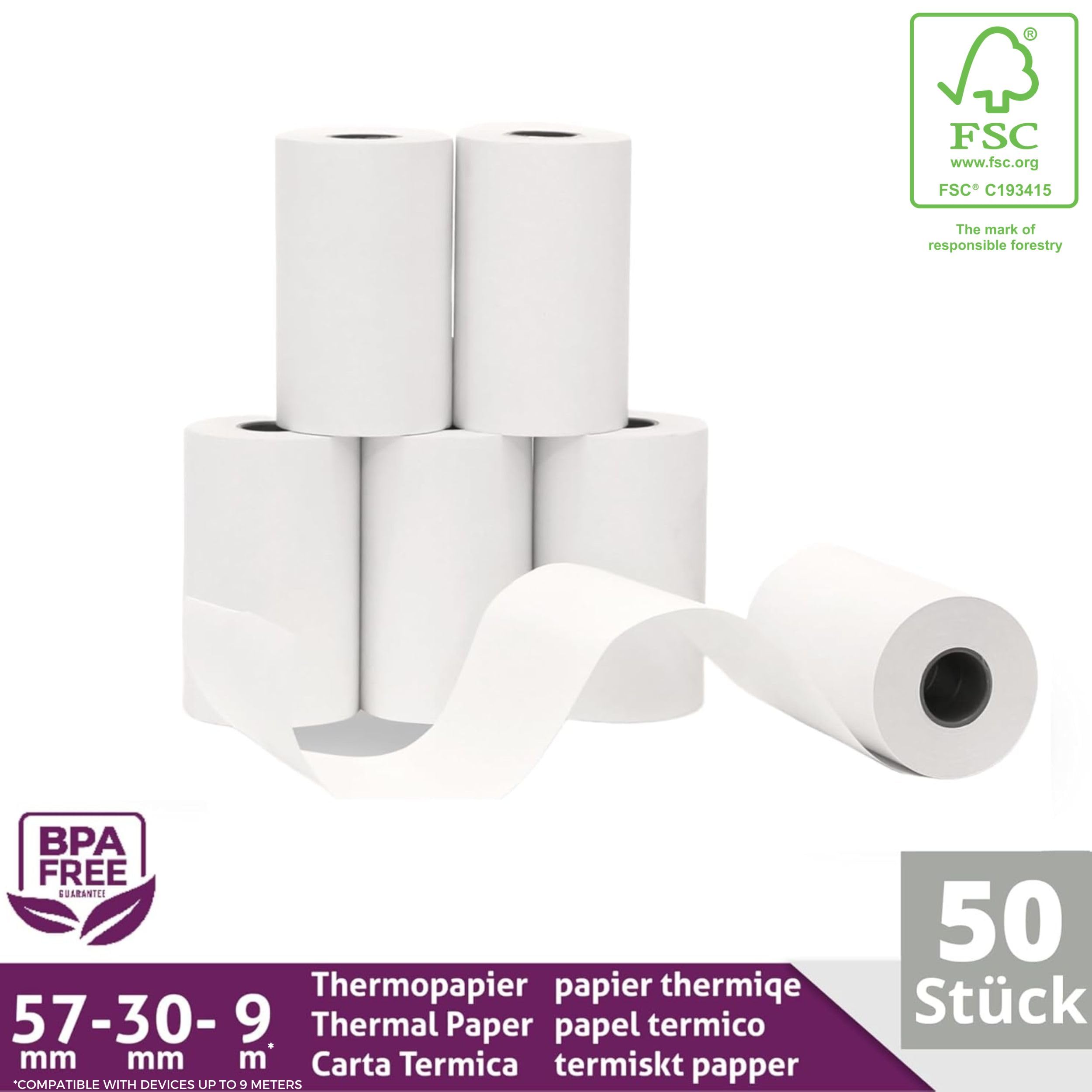 LYNNE - Rouleau TPE Carte Bancaire 57x30x12 - Bobine papier thermique 57mm x 9m x 12mm - Papier Rouleaux TPE - Rouleau CB thermique 57mm - sans BPA - [50x]