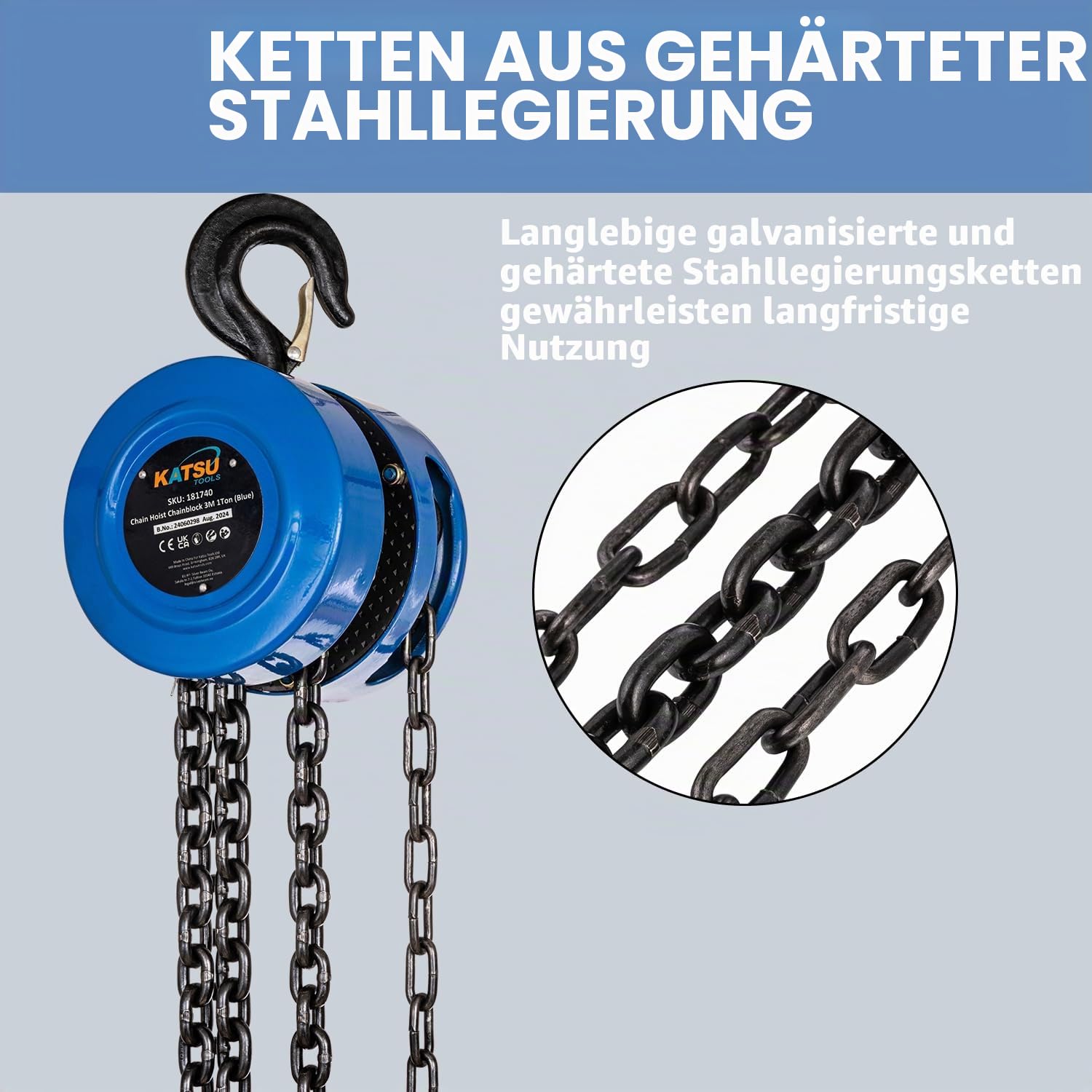 KATSU Tools Kettenzug 1000kg 3m Hubhöhe, Robuste Haken mit Sicherheitsbügel, Kettenblock, Garage Automotor Schwerlast-Hebewerkzeug 181740