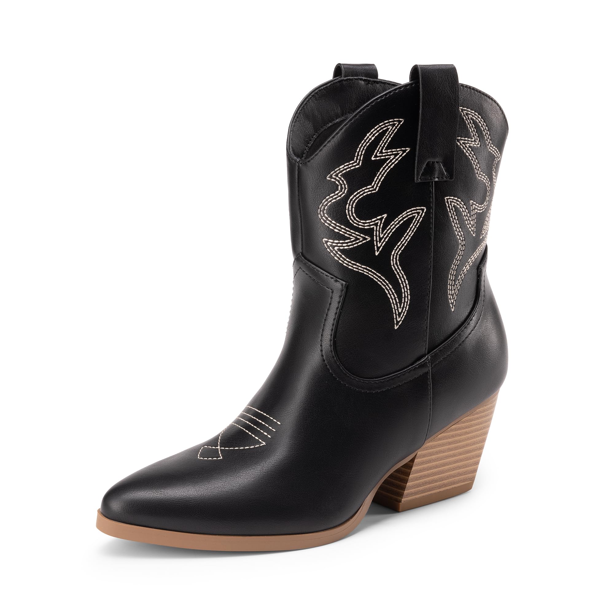 DREAM PAIRS Botas de Vaquera para Mujer, Bordadas y Cosidas, Botas Cortas Occidentales con Tacón Bajo y Punta Afilada, Botines Hasta ei Tobillo