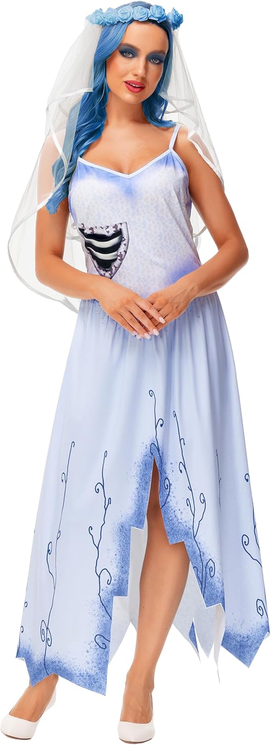 AOBUTE Halloween Corpse Wedding Dress for Women Zombie Bride Emily Costume Sleeveless V-Neck Gothic Dresses XL - Image 6