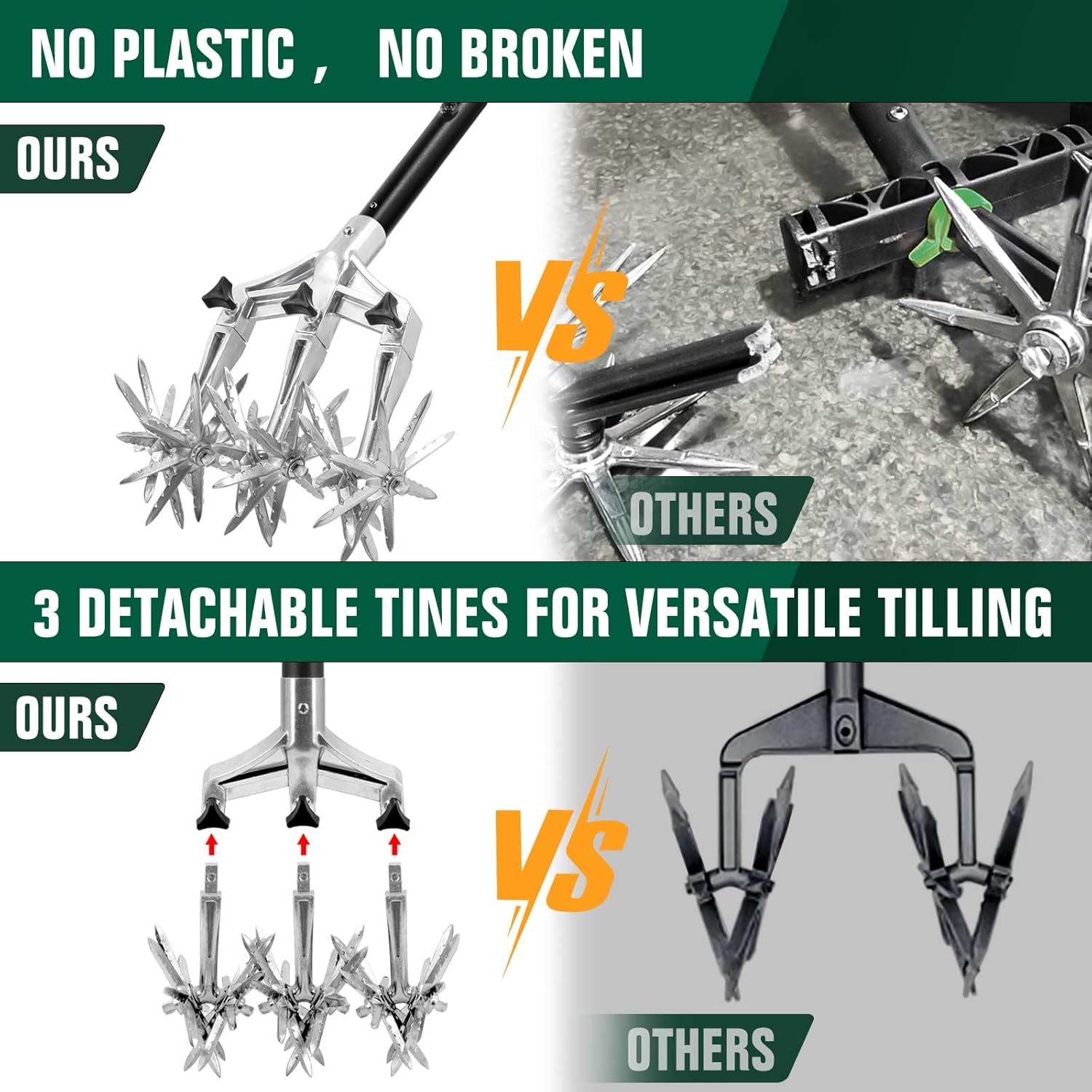 Rotary Cultivator Garden Tool for Gardening and Lawn(61''), Rotary Hand Tiller with Detachable Thicker Tines&Sturdy Steel Handle, Manual Tiller Cultivator for Soil or Reseeding Grass