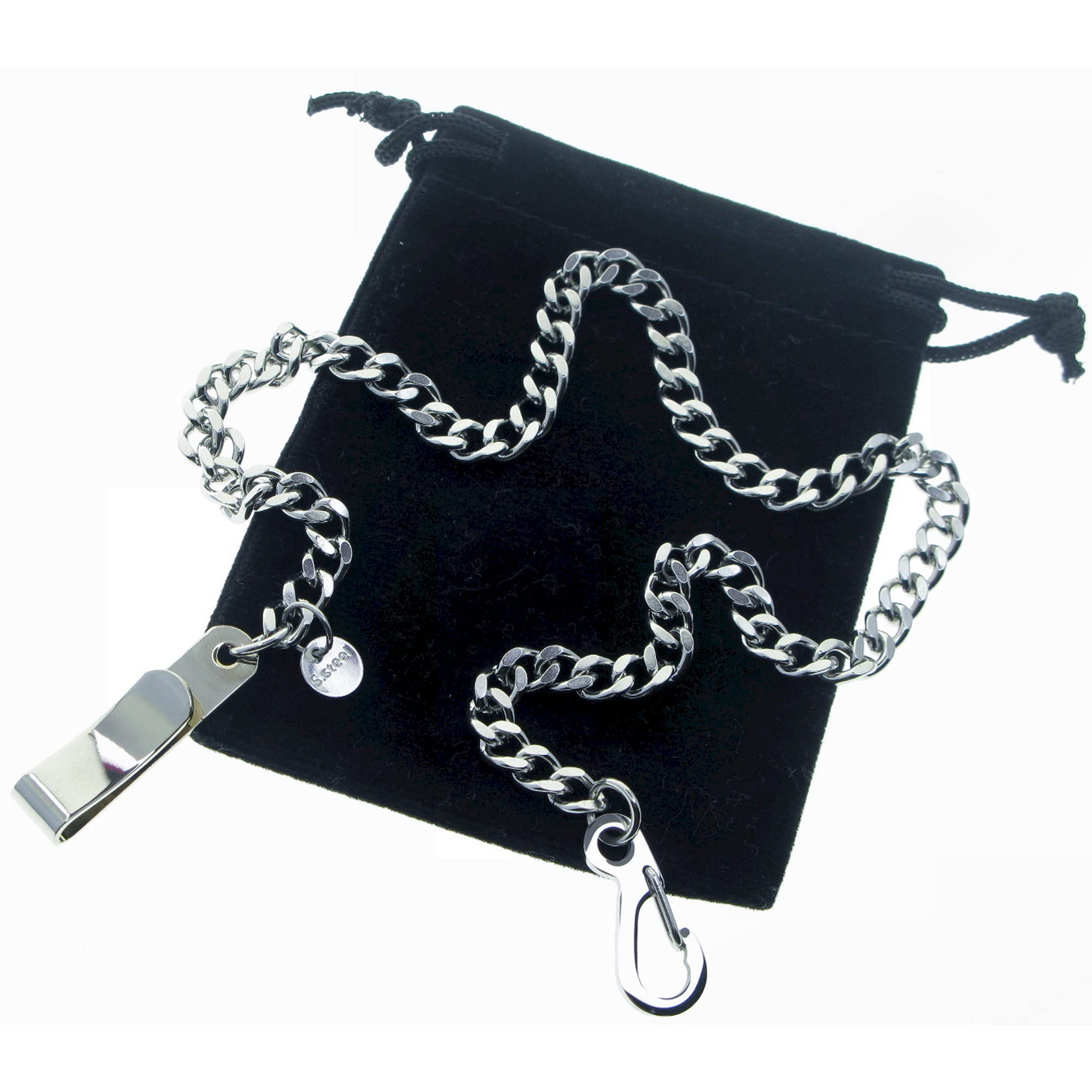 Cadena de reloj de bolsillo de acero inoxidable con cadena de eslabones de acero, clip de cinturón de acero y cierre de pulido de acero FCS90, Silver