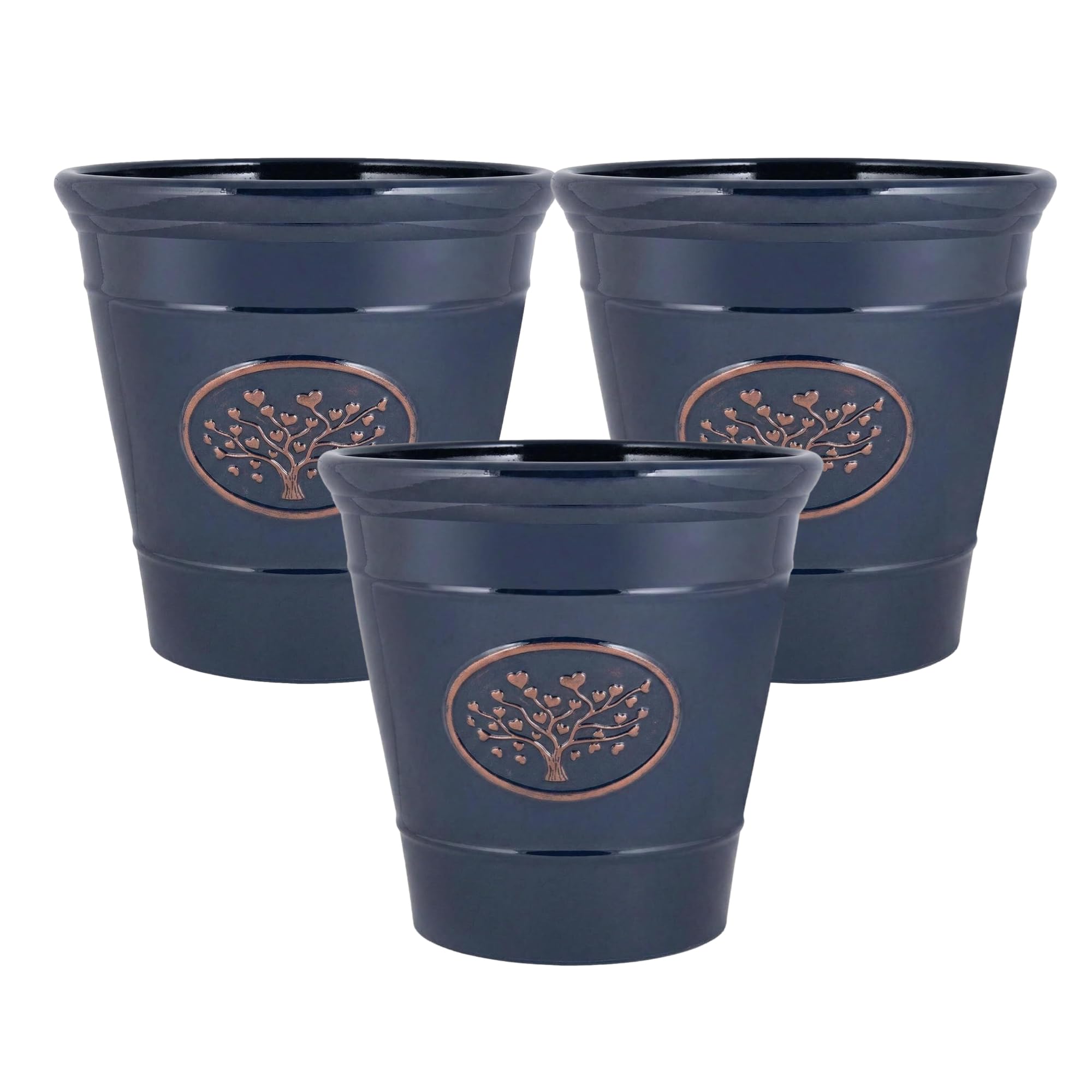 Fyne-Finds Olive Blue Round Plastic 30Cm,12Inch Plant Pot 14Liters Tree Of Life Embossed Garden Planter Weatherproof Drainage Holes (3)