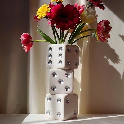 Reimagine Discovery White & Silver Triple Dice Vase, Maximalist Decor Ceramic Flower Vase, Retro Home Decor for Desk, Shelf, Table, Bar Cart & Vanity, Unique, Funky, Trendy & Cool Room Decor