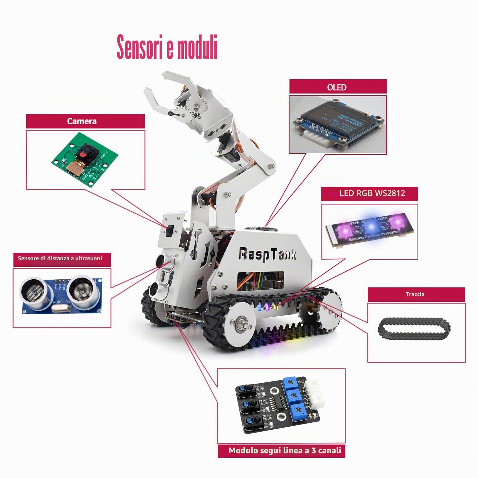 Adeept RaspTank - Kit per auto intelligente in metallo per Raspberry Pi 5/4B/3B/3B+(scheda non inclusa), robot per il monitoraggio del serbatoio con braccio robot 4 DOF, OpenCV, prevenzione ostacoli