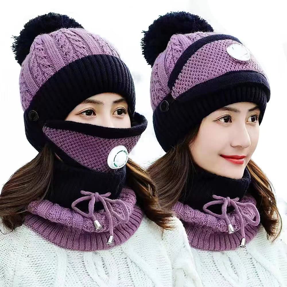 Photo 1 of 3 pack Warm Winter Beanie Hat,Women Knitted Hat Thickened Woolen Cap with Warm Mask Neck Scarf Beanie Hat, Winter Scarf Mask Set Purple+black