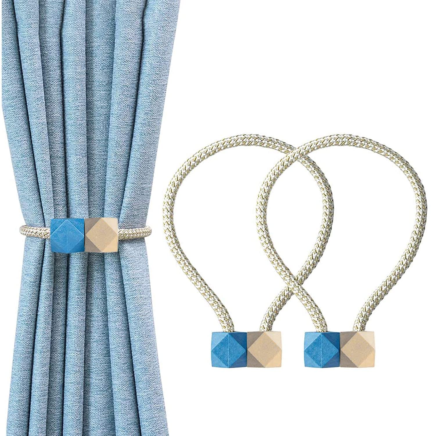 Embrasses de Rideaux magnétiques Pinces à Rideaux Retenues de Corde (Beige) (Couleur : Bleu, Taille : Hexagone) (Z Beige+Bleu)