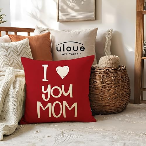 Miniatura 4 de Funda de almohada reversible con texto en inglés "I Love You Mom" de 18 x 18 pulgadas, para el día de la madrecumpleaños, de hija e hijo (rojo)