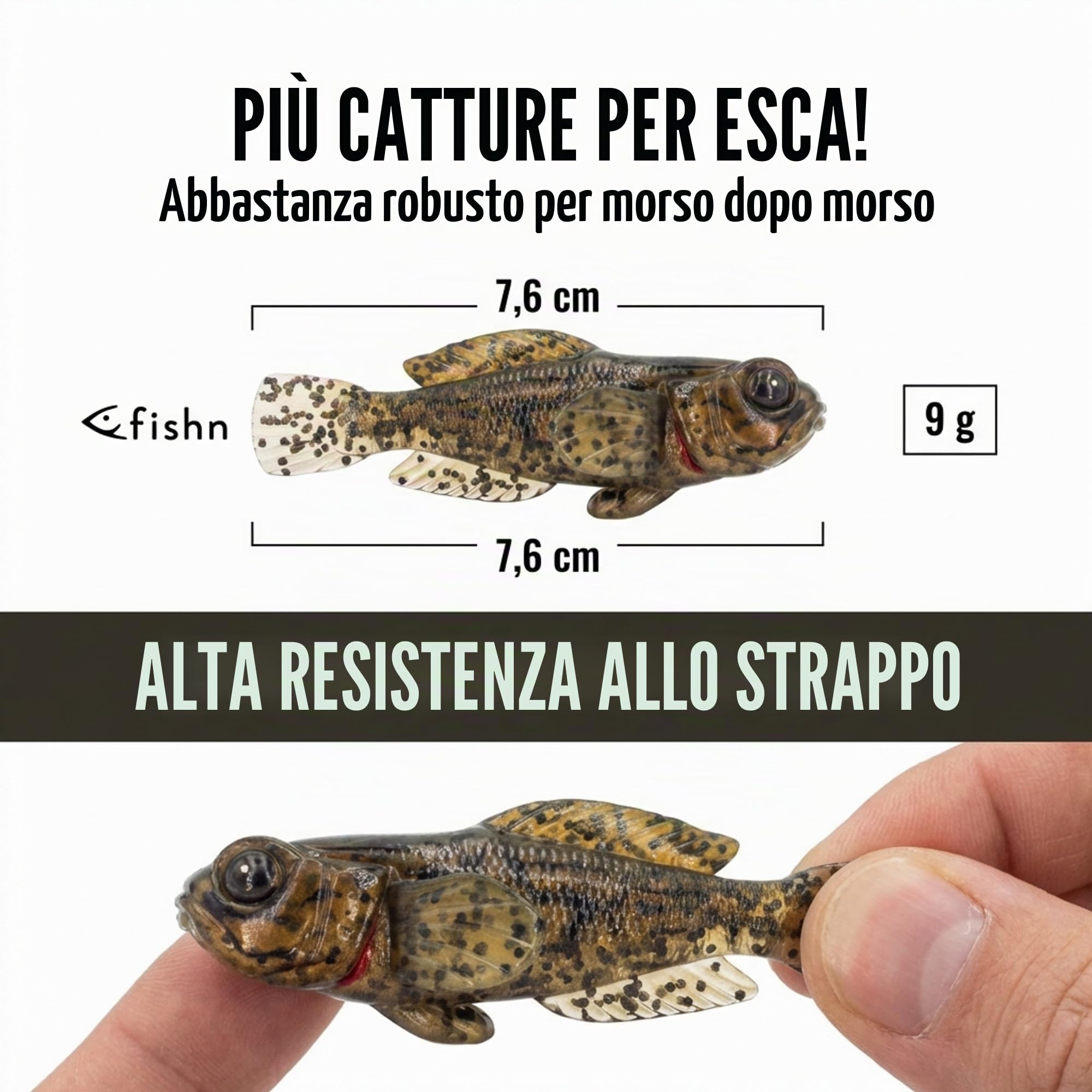 FISHN Set di 5 pesci di gomma GOBYONE 7,6 cm 9 gr ultra realistici per la pesca di pesce persico e
