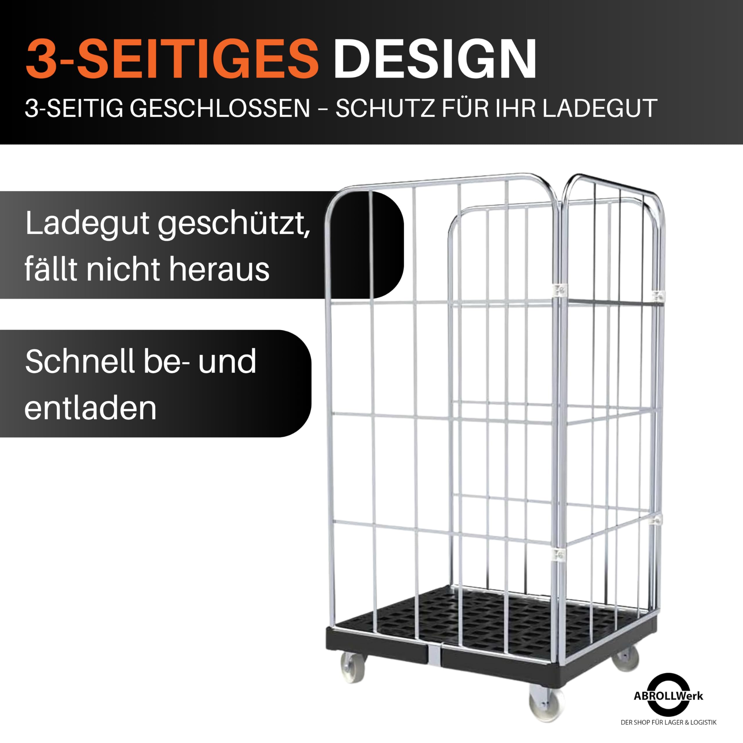 Rollbehälter 1350 mm Nutzhöhe (500 kg Traglast), Kunstoffplatte schwarz, 3-seitig, Maße 724 x 815 x 1530 mm – robuster Gitterwagen Typ Cr3-verzinkt für Garage, Lager, Transport und Logistik
