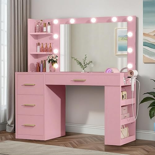 YITAHOME Vanity Desk with Mirror & Lights, Makeup Vanity Table Set with Power Outlet, 4 Drawers, 6 Open Shelves Above and 3 Adjustable Shelves Below, 3 Lighting Modes Dressing Table, Pink